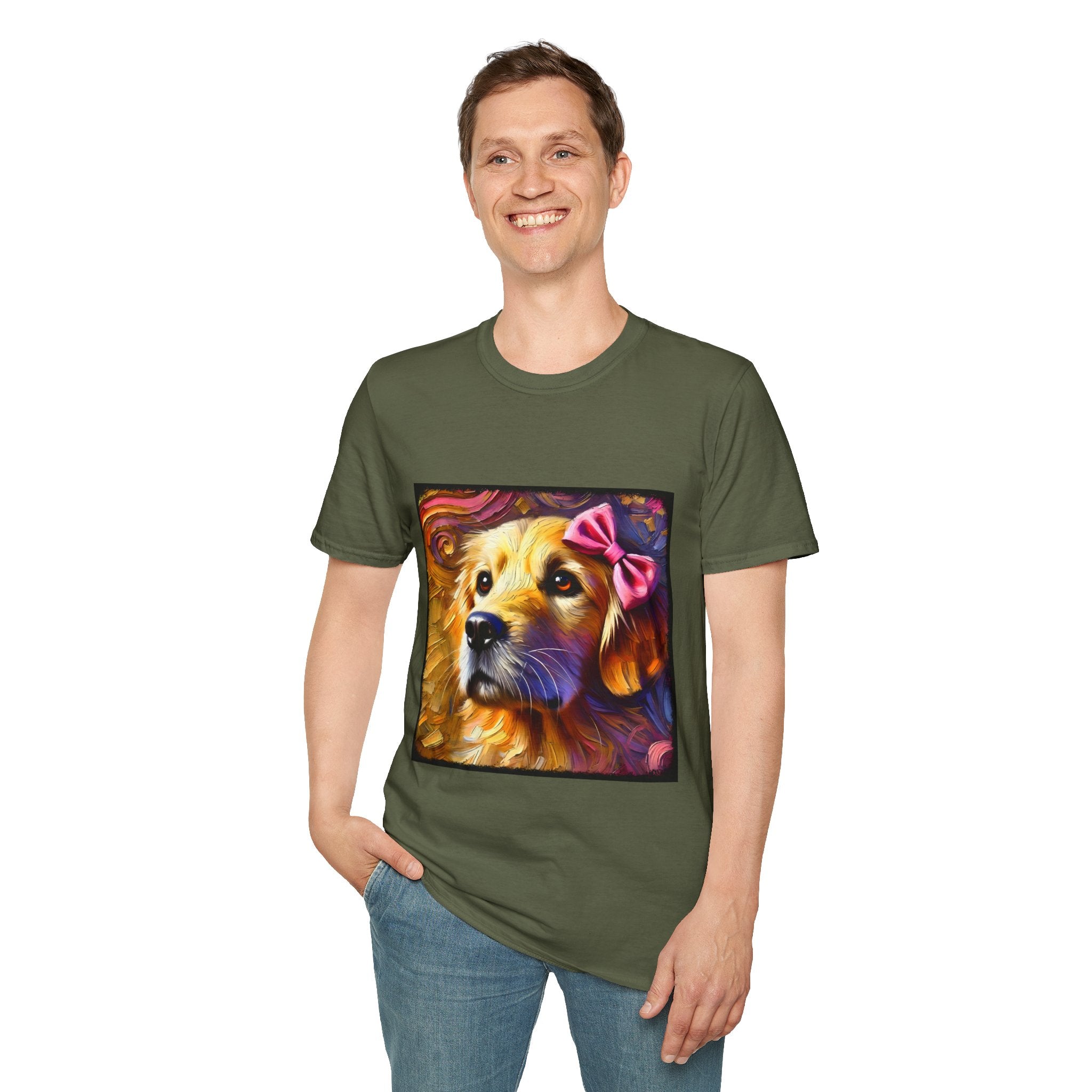 Male model in military green dog t-shirt featuring golden retriever with pink bow on head, set against vivid painterly swirls.