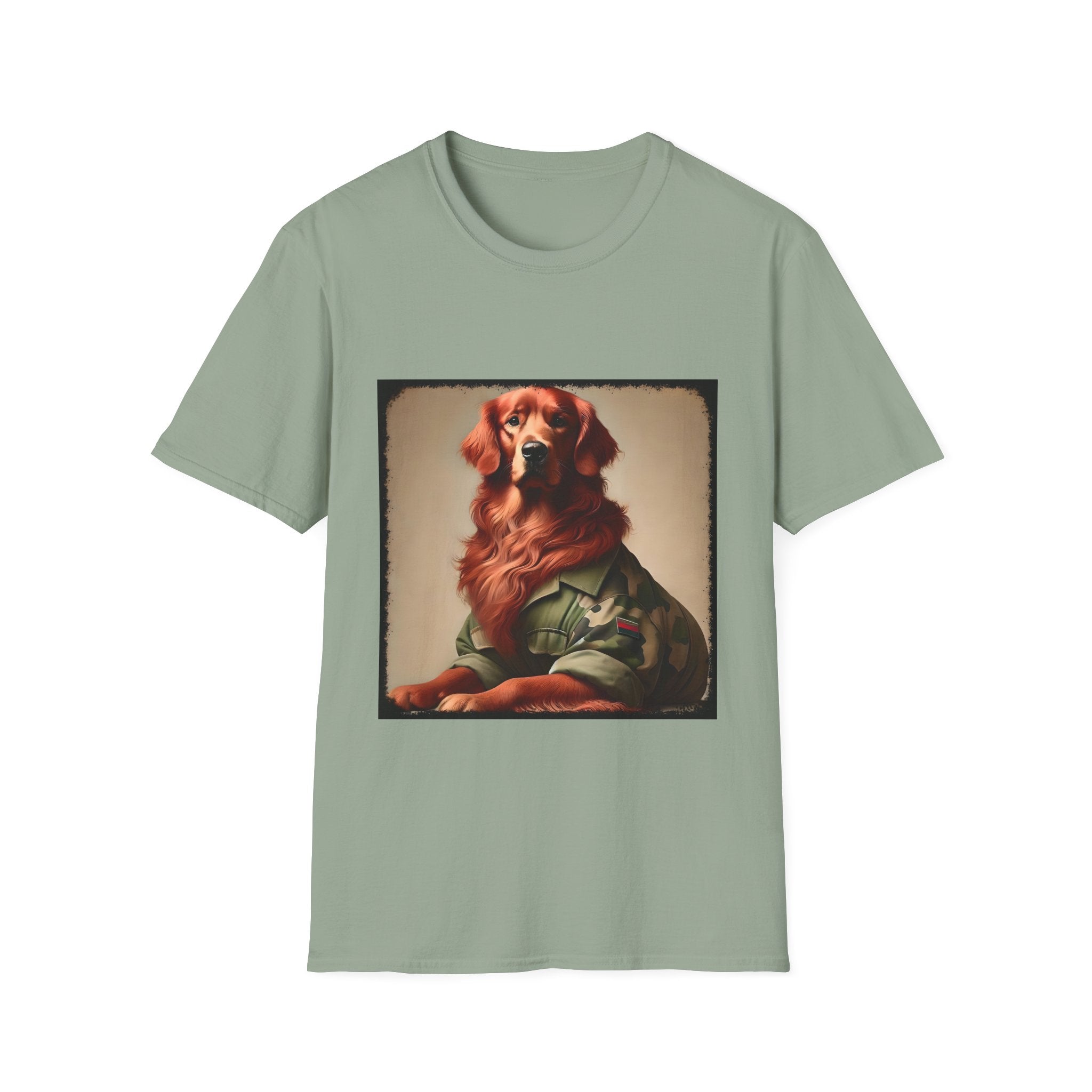 Sage green dog t-shirt featuring golden retriever in camouflage jacket with flag patch, tan background.