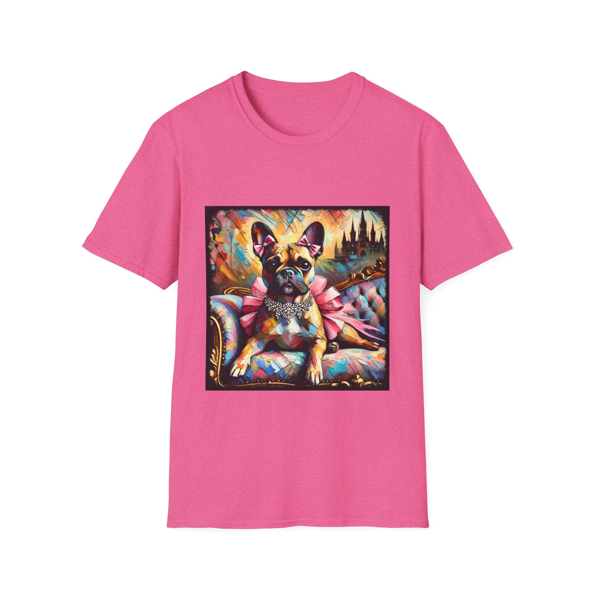 Bright pink dog t-shirt featuring fawn French Bulldog with jeweled collar on settee, vivid swirl and castle background.