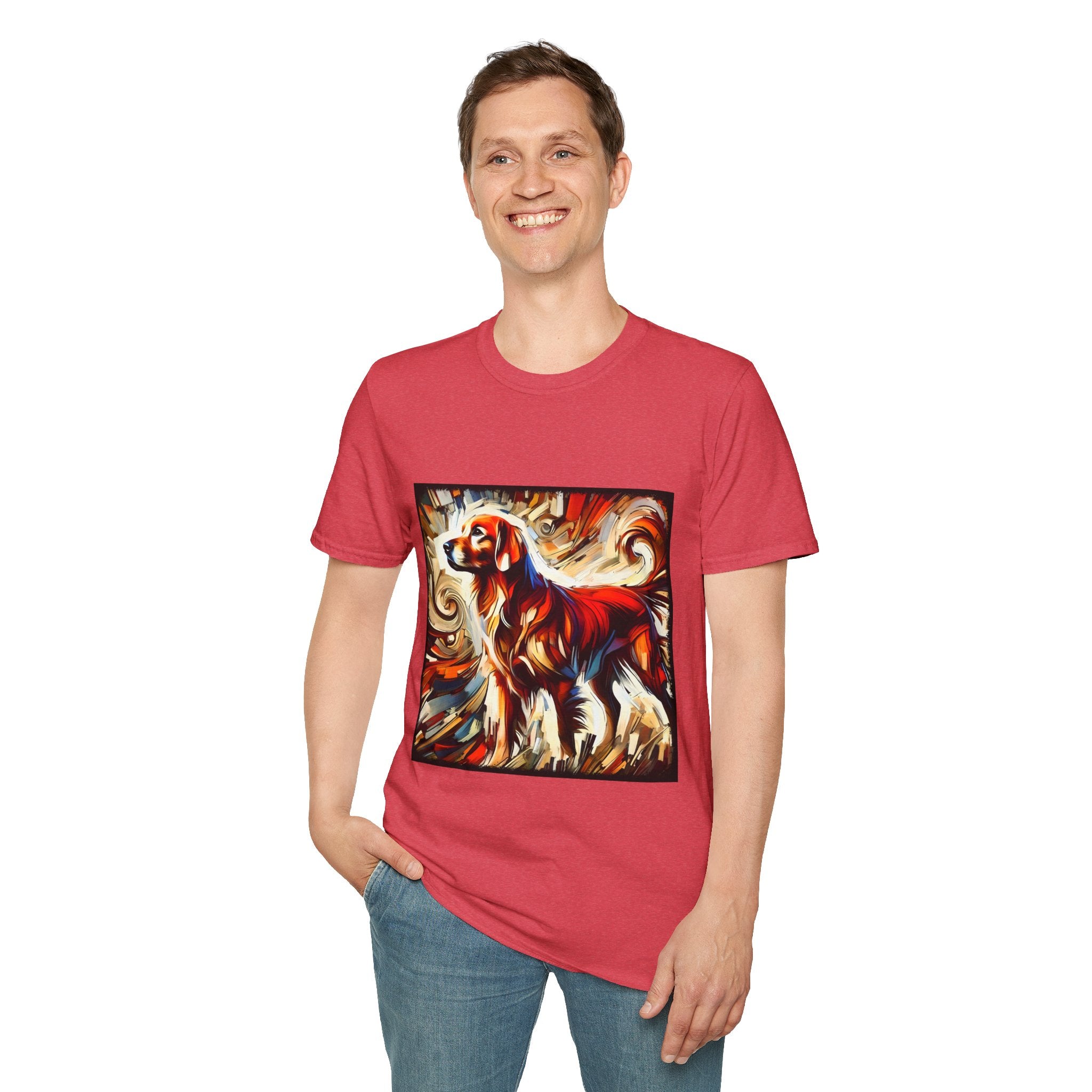 Male model in heather red dog t-shirt with golden retriever in red coat, abstract swirl background in bold warm tones.
