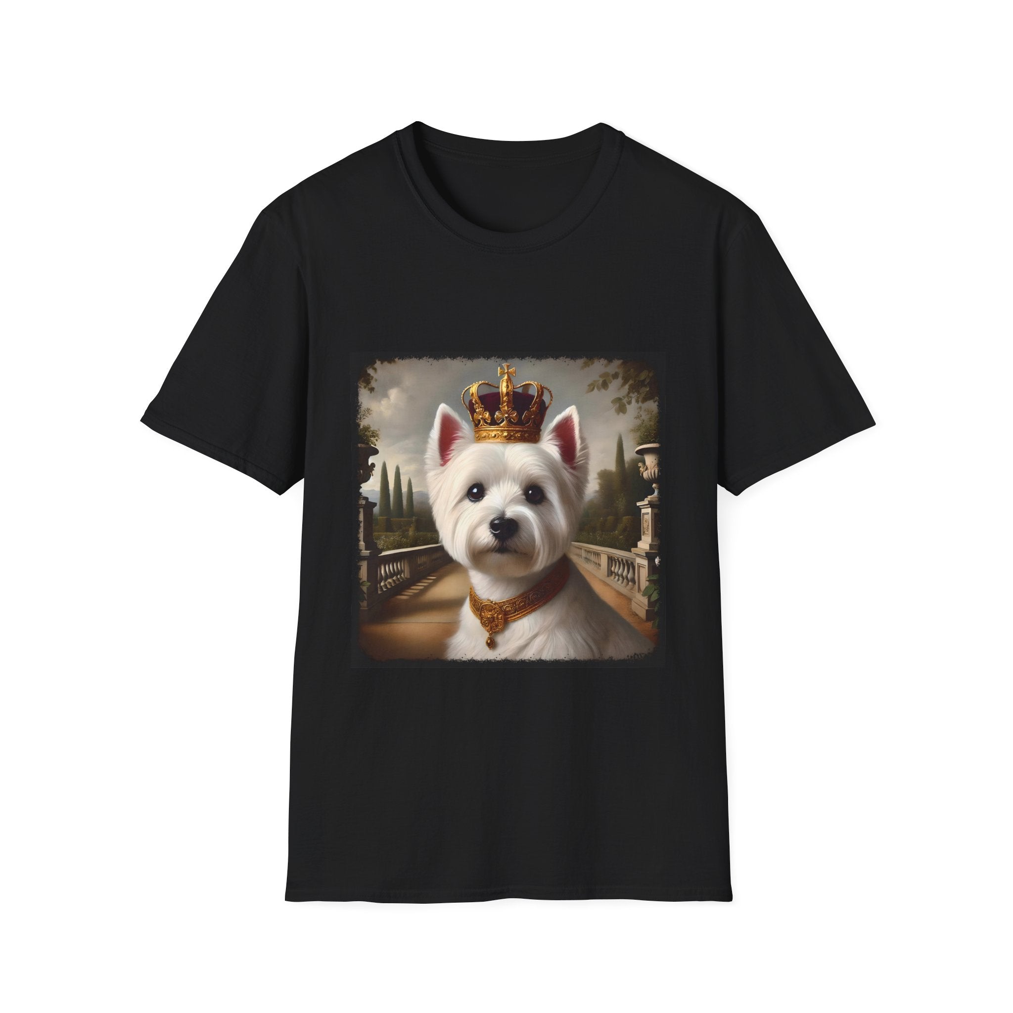 Black dog t-shirt featuring regal Westie in gold crown and collar on palace terrace background.