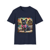 Navy Blue dog t-shirt featuring black French Bulldog with jeweled pink bow, sitting on patterned settee, vivid castle swirl background.