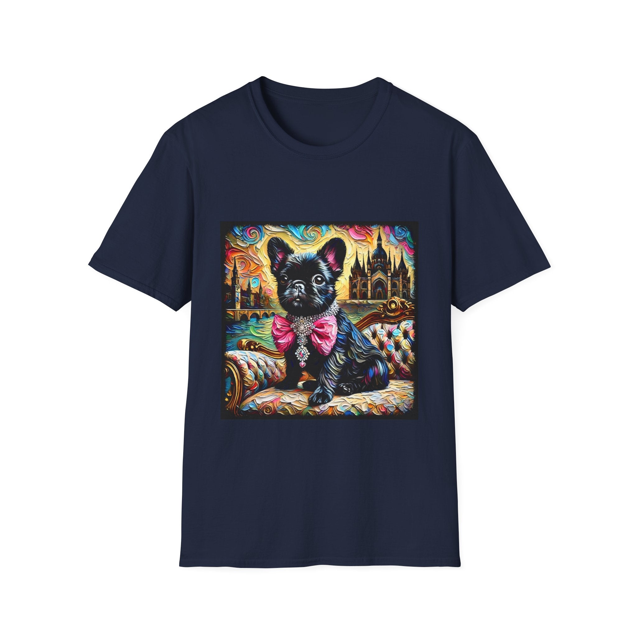 Navy Blue dog t-shirt featuring black French Bulldog with jeweled pink bow, sitting on patterned settee, vivid castle swirl background.