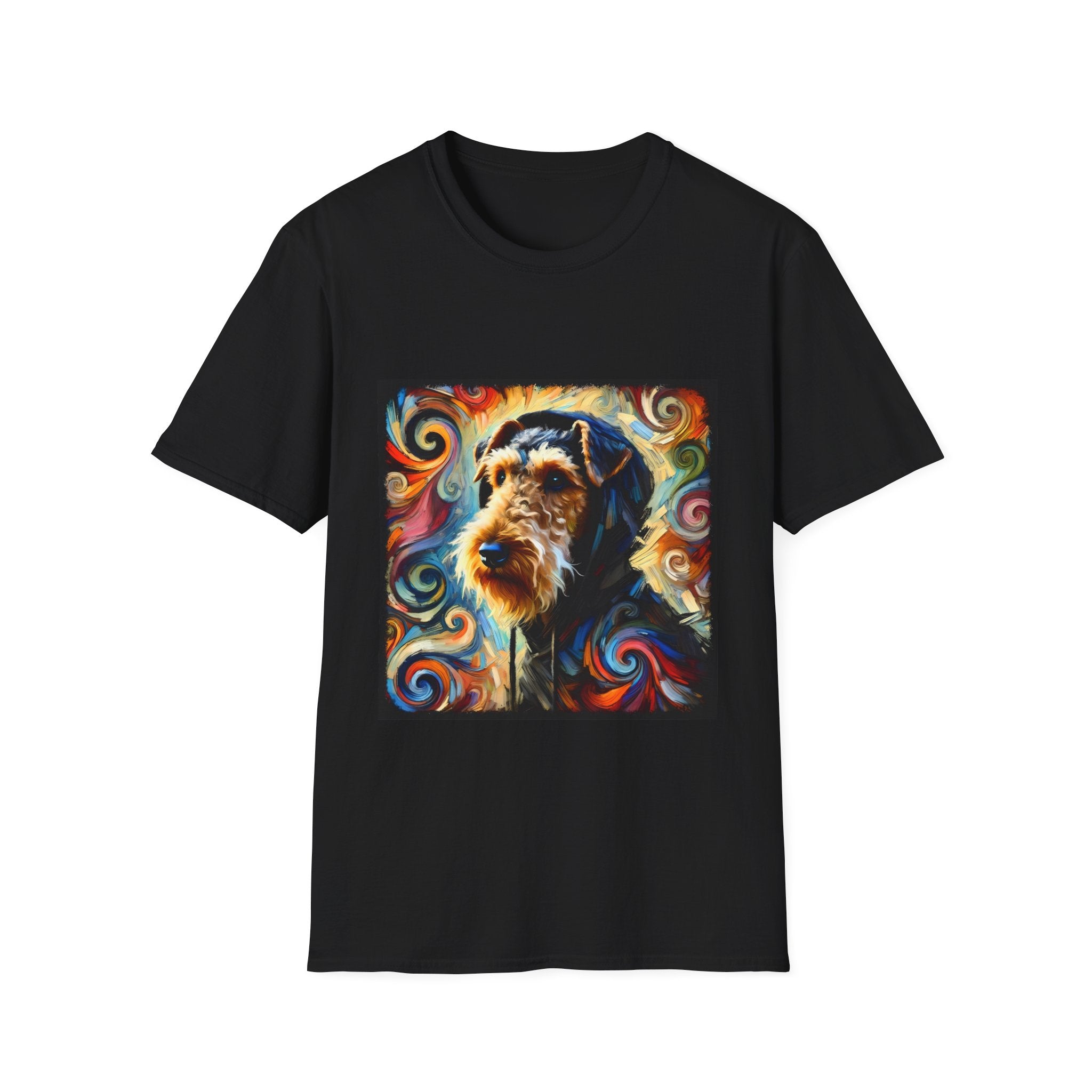 Black dog t-shirt with Airedale terrier in hoodie and vibrant multicolor swirl background.