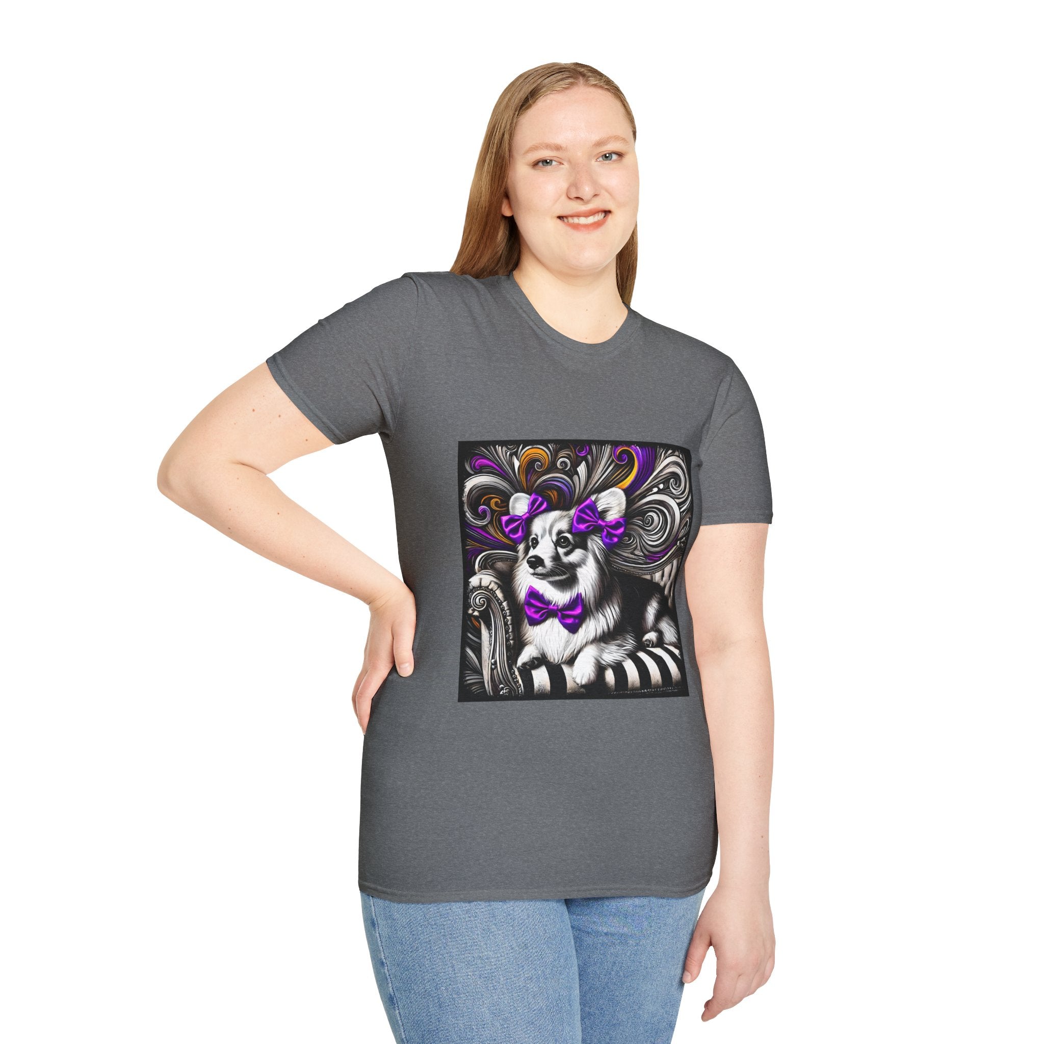 Pembroke Welsh Corgi B&W Purple Bow | Unisex Dog T-Shirt