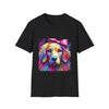 Black dog t-shirt featuring neon-colored golden retriever with pink bow on vibrant electric abstract backdrop.