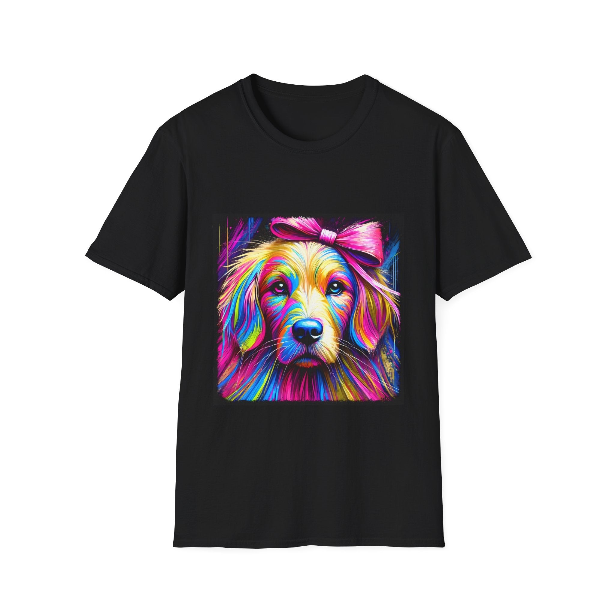 Black dog t-shirt featuring neon-colored golden retriever with pink bow on vibrant electric abstract backdrop.