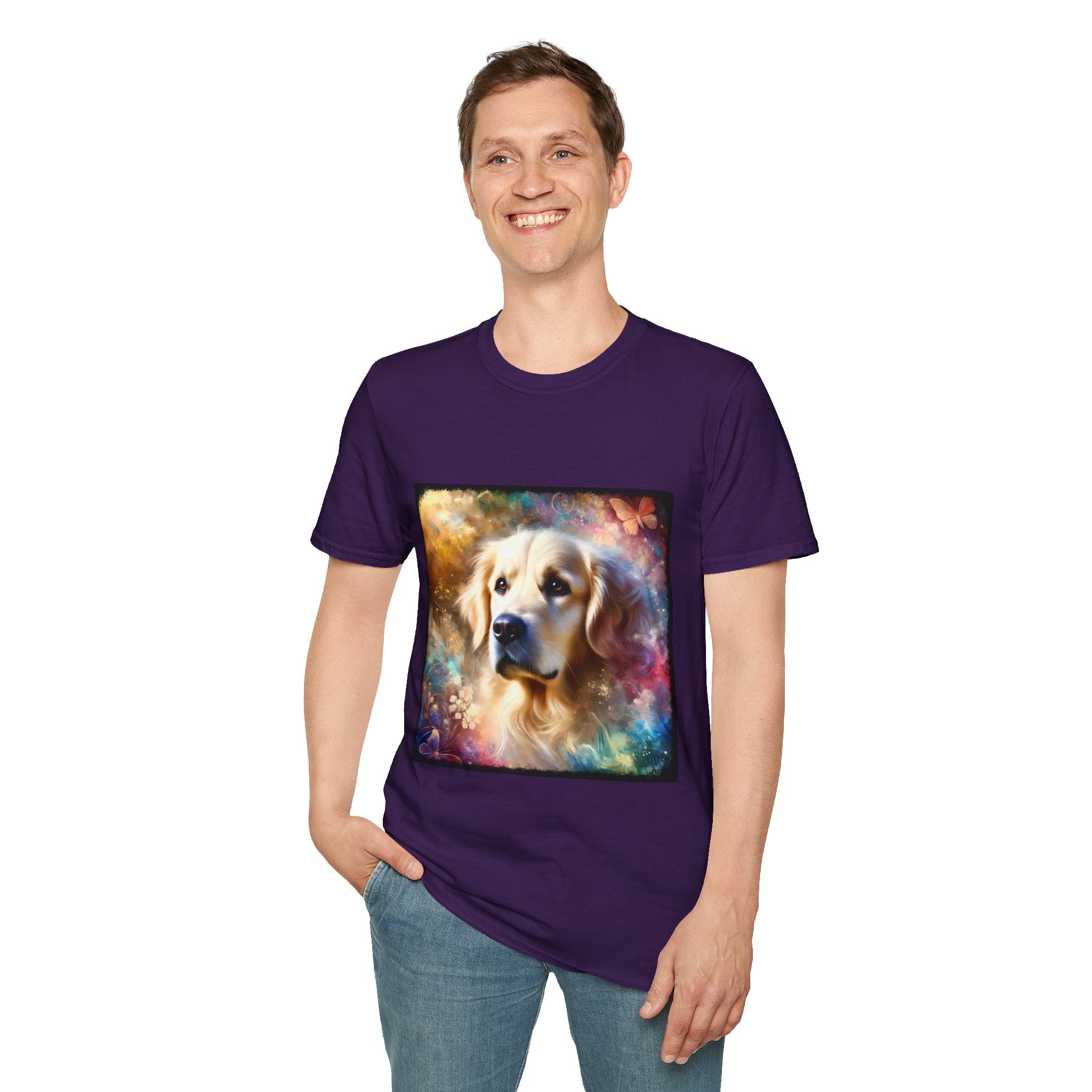Male model in purple dog t-shirt with golden retriever portrait, soft fur, butterflies, and dreamy pastel colors.