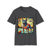 Dark heather dog t-shirt featuring French Bulldog in red jersey on basketball court, expressionism style.