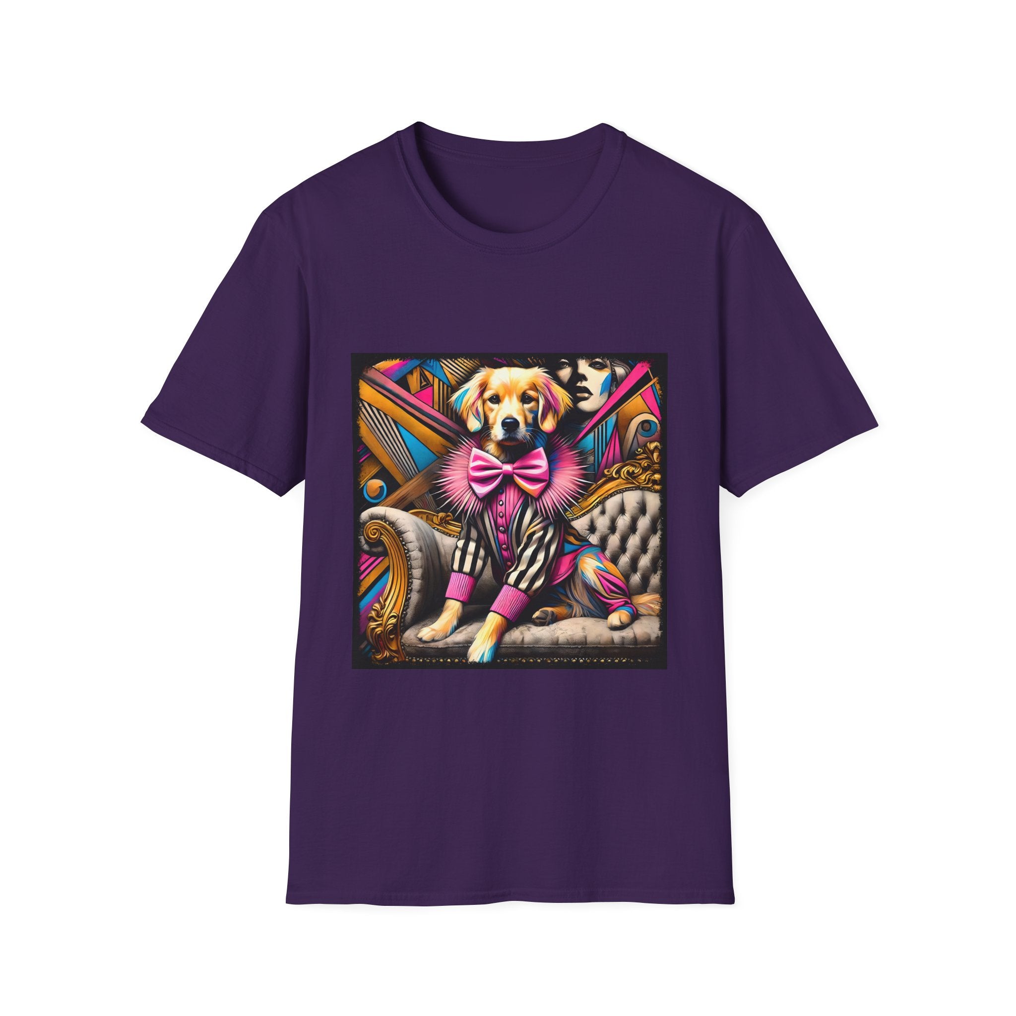 Purple dog t-shirt with golden retriever in striped outfit and pink bow on bold pop-art settee.