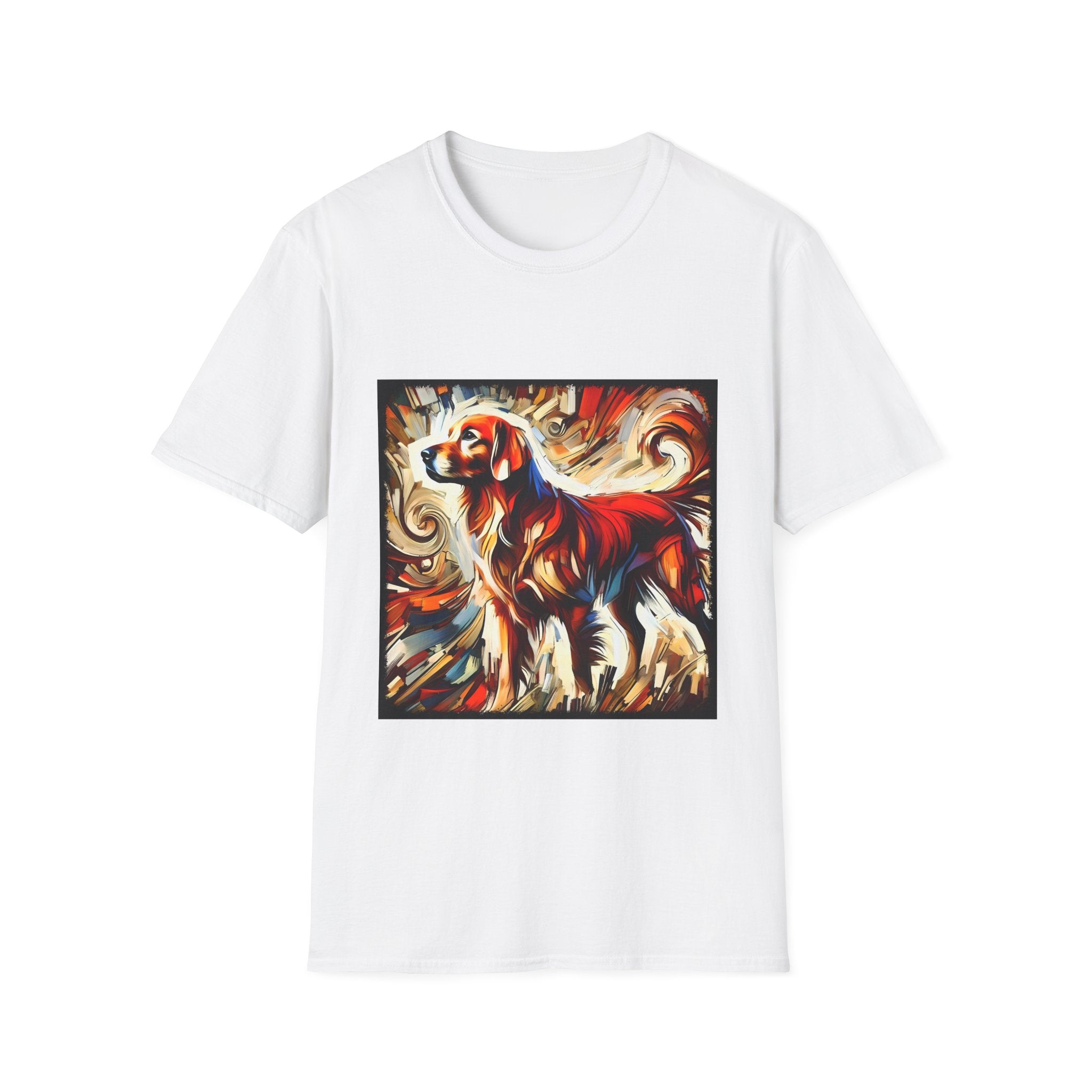 White dog t-shirt with golden retriever in red coat, abstract swirl background in bold warm tones.