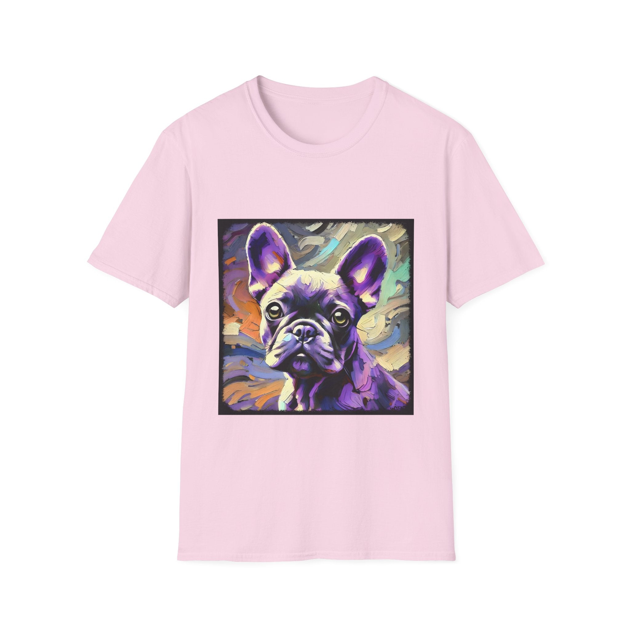 Light pink dog t-shirt featuring a lavender purple French Bulldog with swirling brushstrokes of teal, orange, and cream.