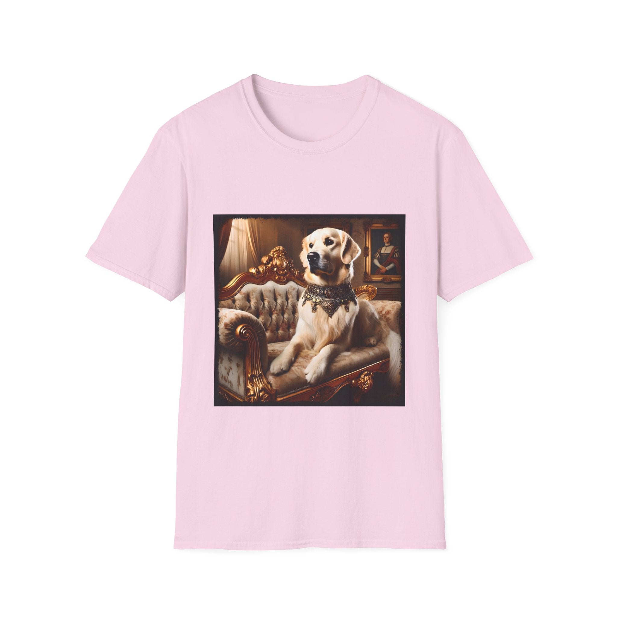 Light pink dog t-shirt featuring golden retriever in jeweled collar on ornate cream and gold settee, regal setting.