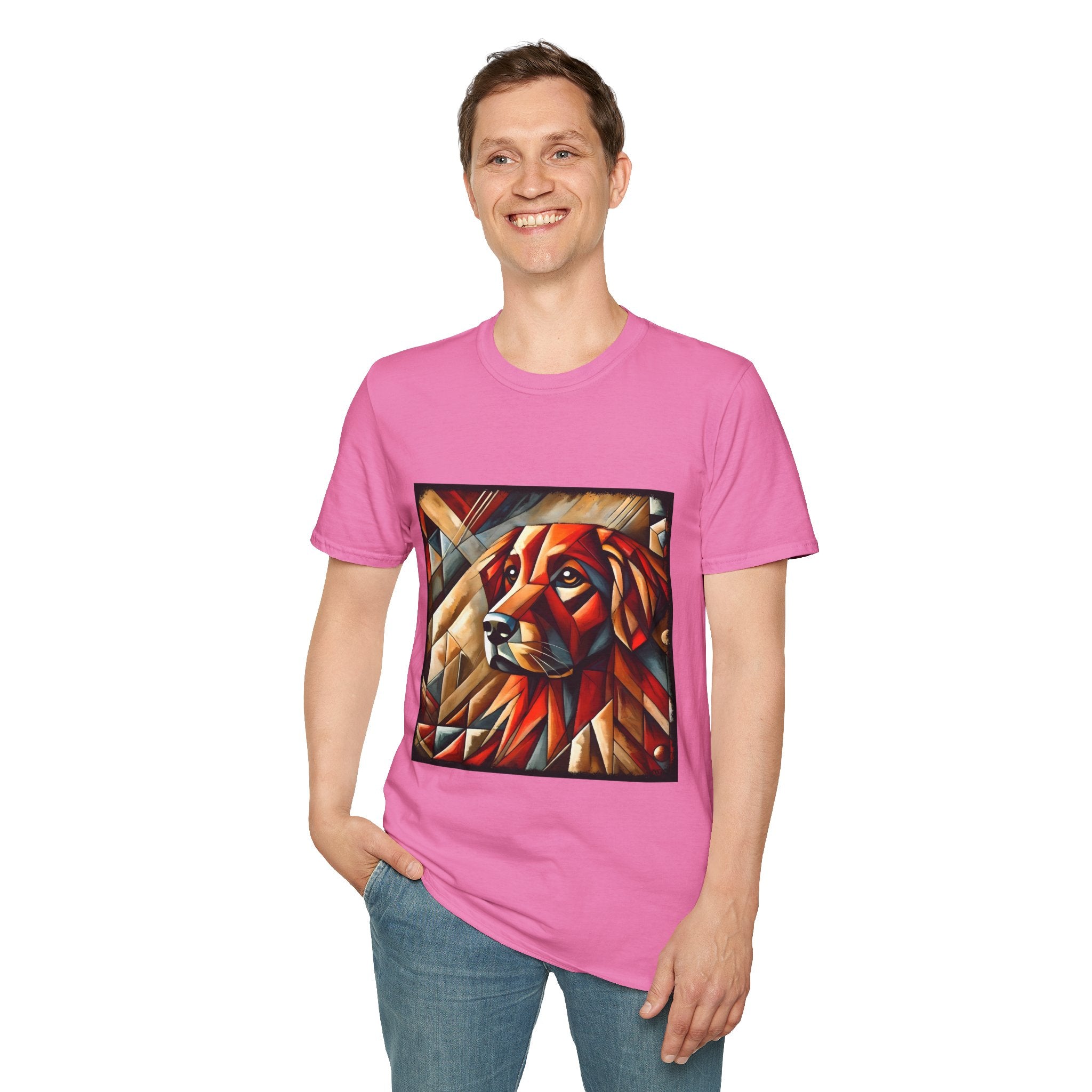 Male model in pink dog t-shirt featuring red geometric golden retriever portrait in cubist style with bold angles.
