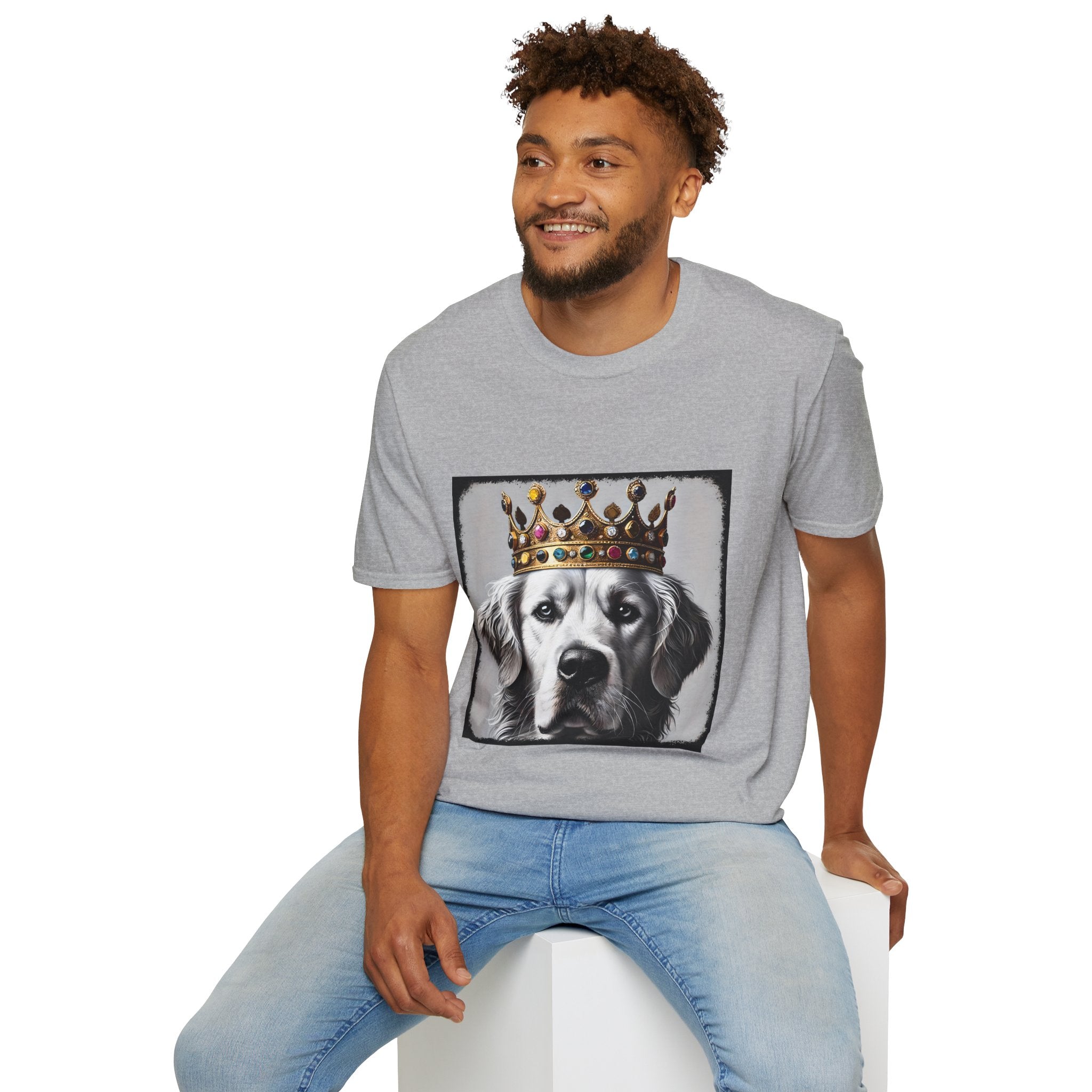 Male model in sport gray dog t-shirt featuring a black-and-white golden retriever in jeweled crown on gray backdrop.
