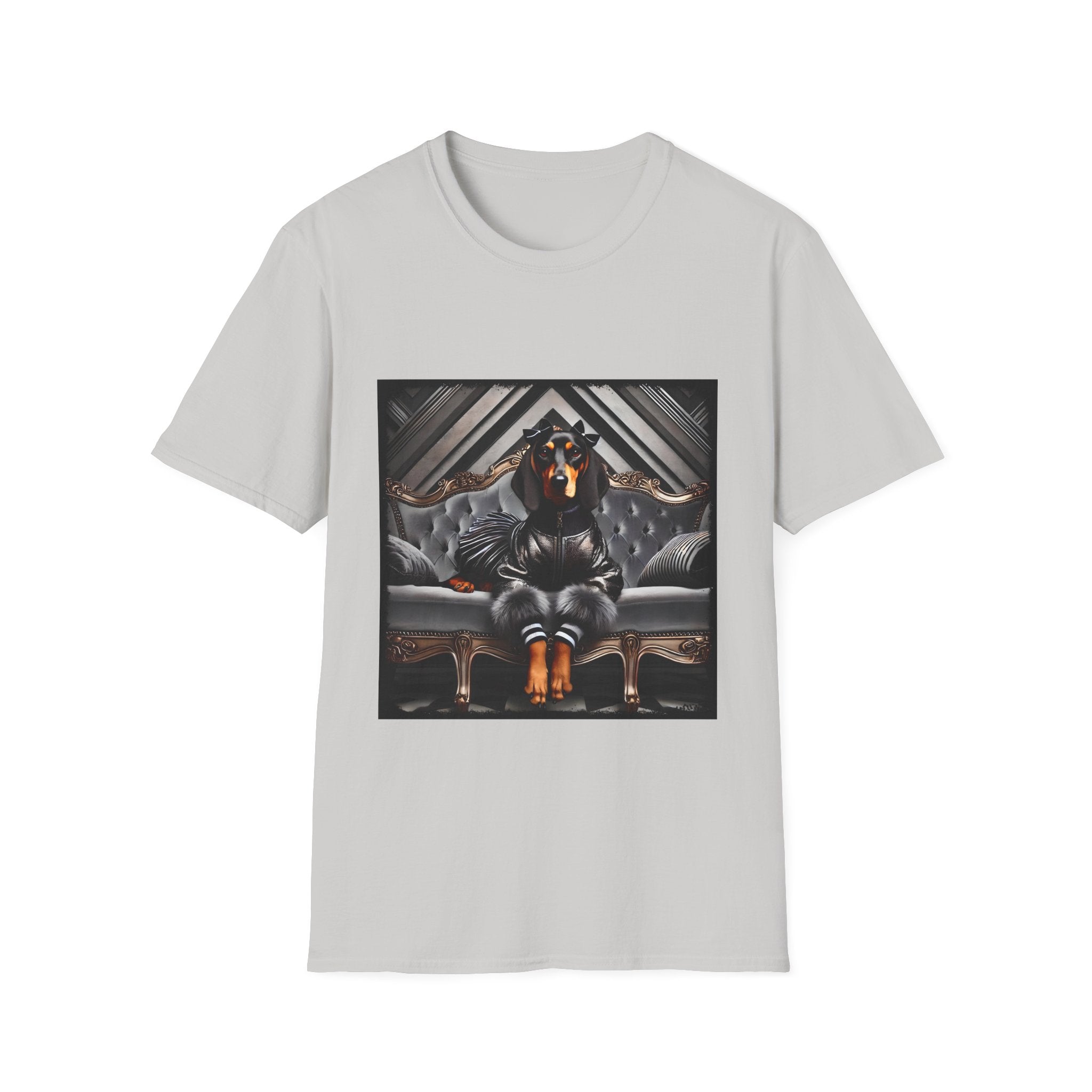 Ice gray dog t-shirt featuring coonhound in edgy black bomber jacket with fur cuffs, seated on a tufted leather settee.