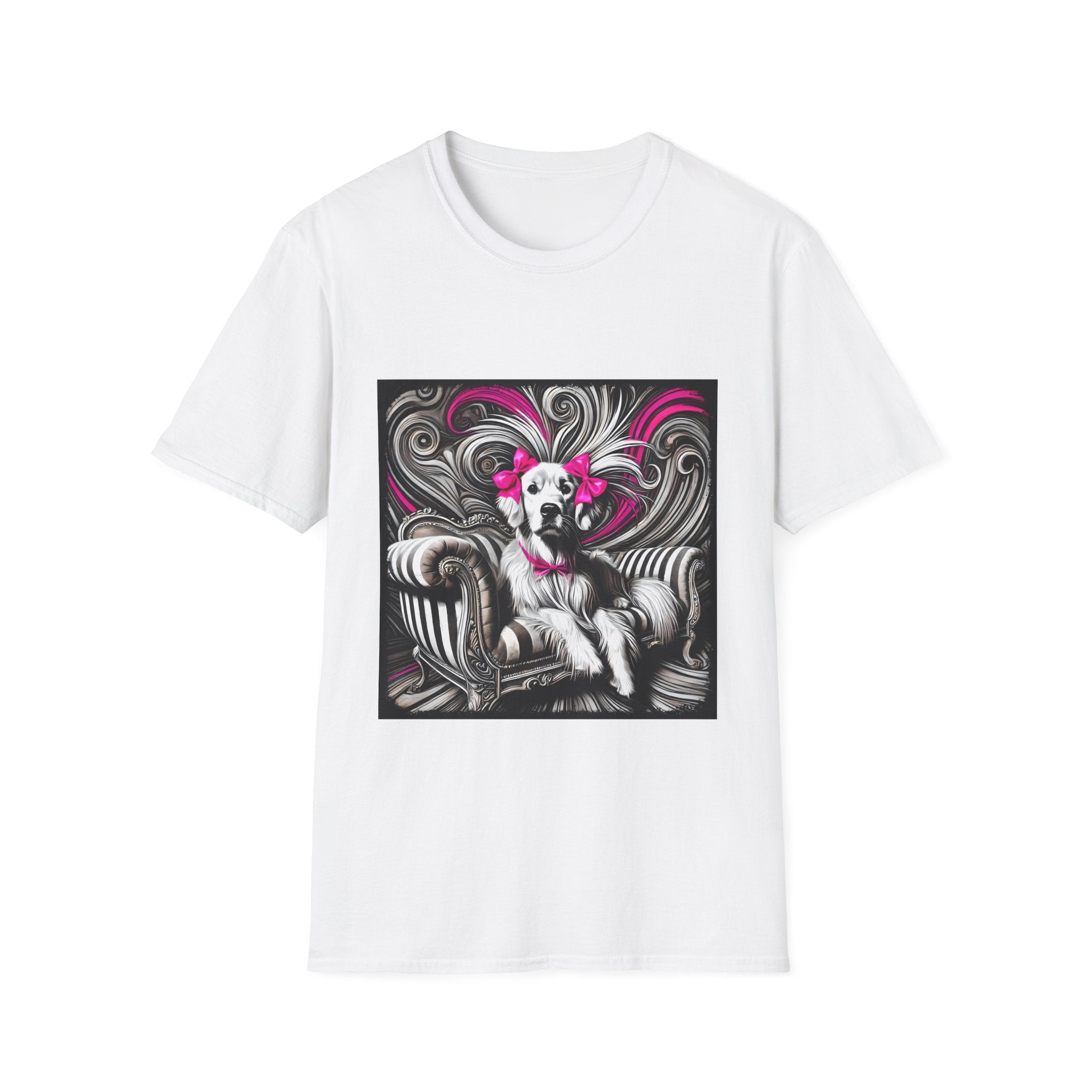 White dog t-shirt featuring black-and-white art of retriever with pink bows and swirling accents.