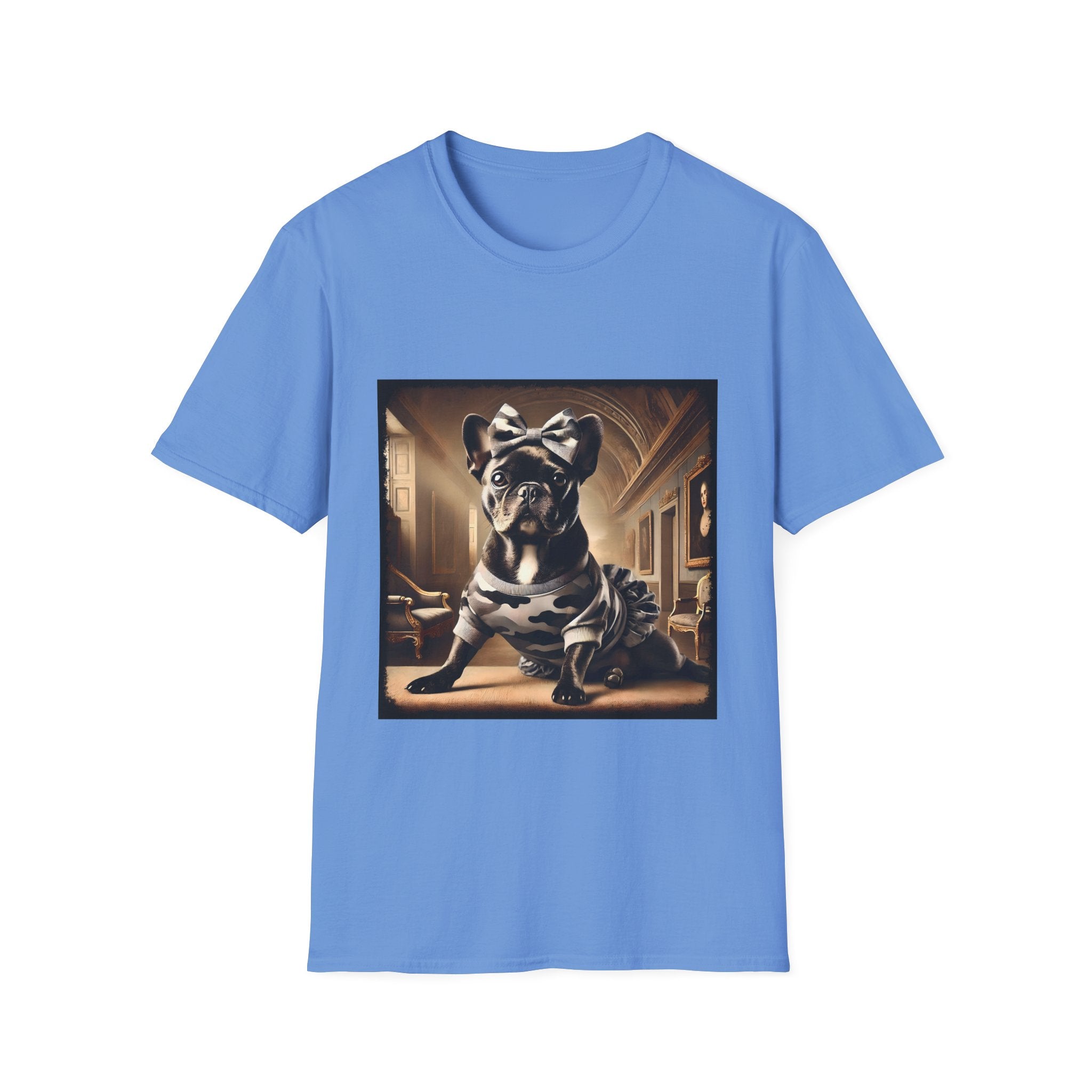 Carolina blue dog t-shirt featuring black French Bulldog in camo dress and bow, set in sepia-toned palace hall.