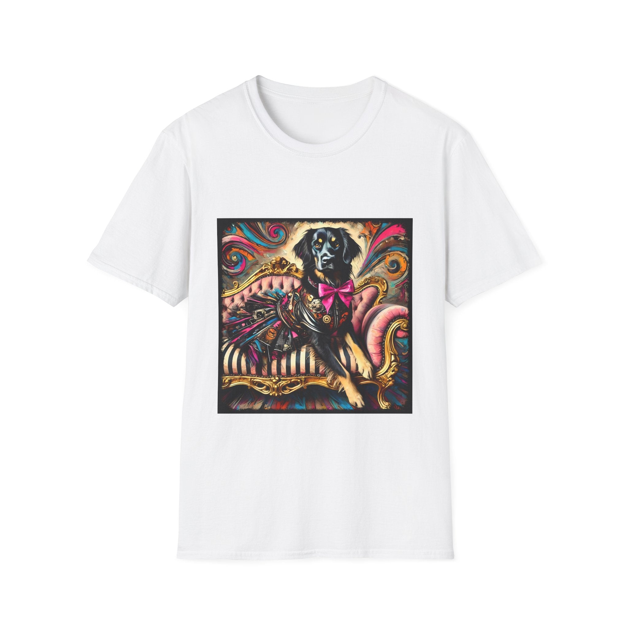 White dog t-shirt with black retriever in edgy outfit and pink bow on striped settee, swirl backdrop.