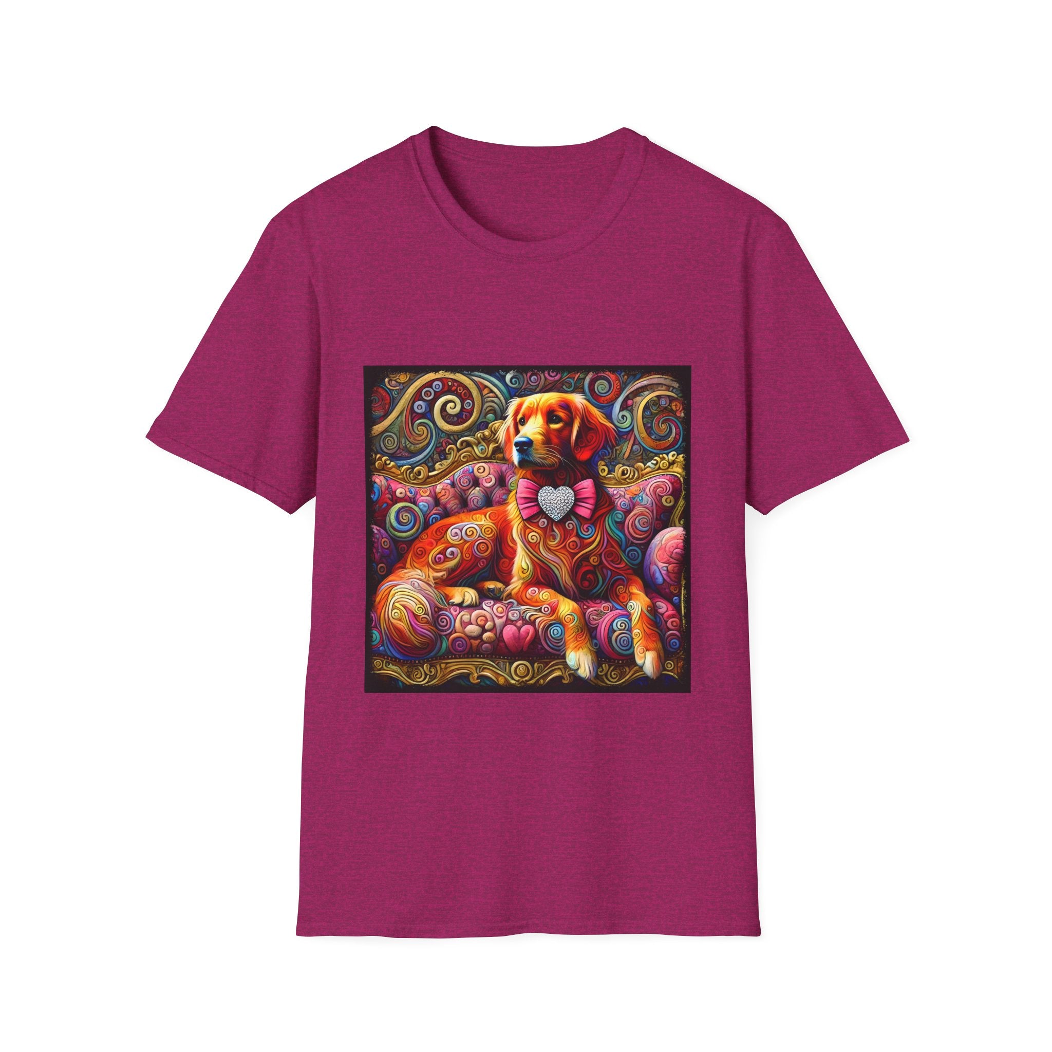 Heather berry dog t-shirt with golden retriever in pink bow on vibrant swirl settee with heart details.