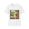 White dog t-shirt featuring a golden retriever in a vibrant castle garden with blooming roses and a butterfly.