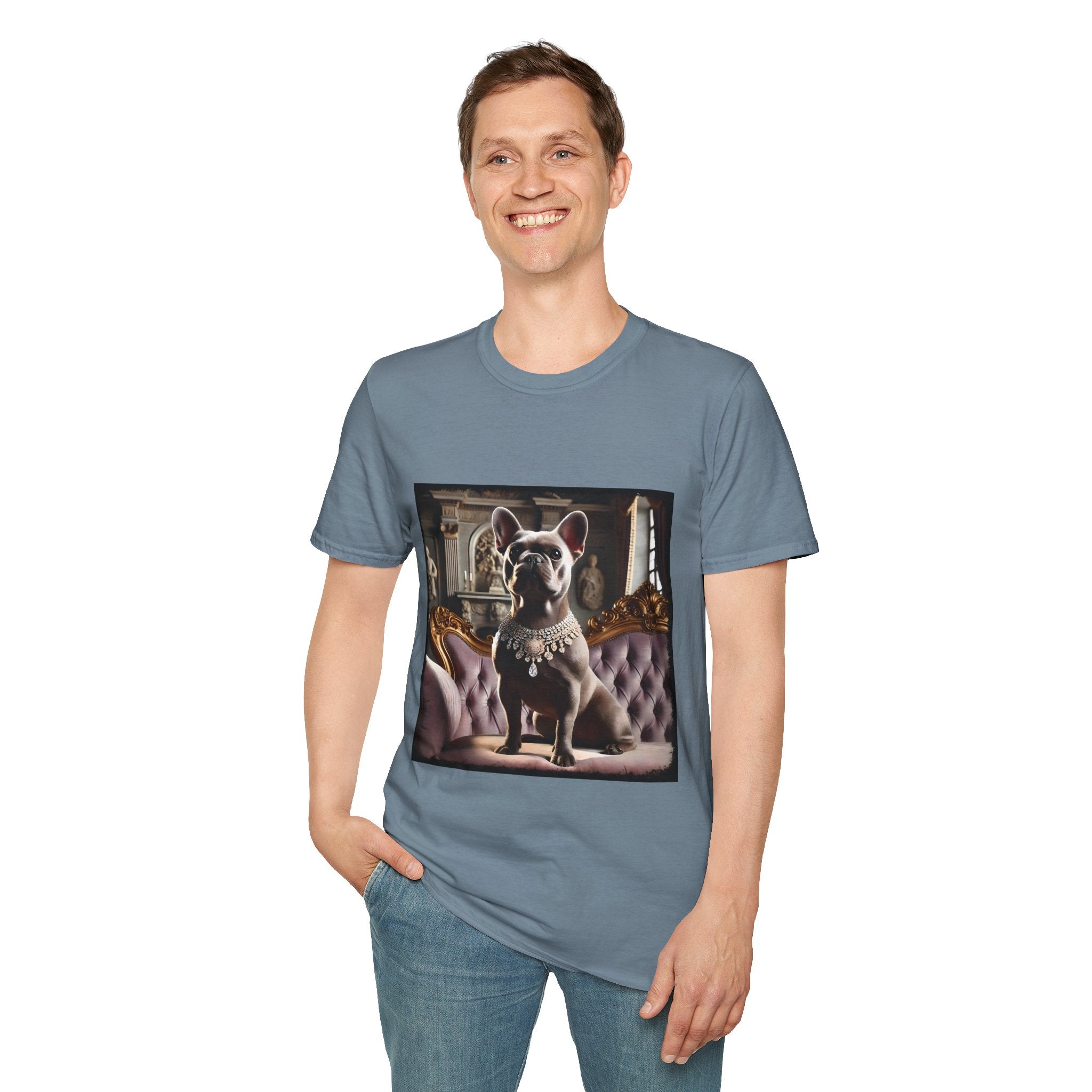 Man smiling in stone blue dog t-shirt featuring gray French Bulldog in jeweled necklace on tufted settee in palace setting.