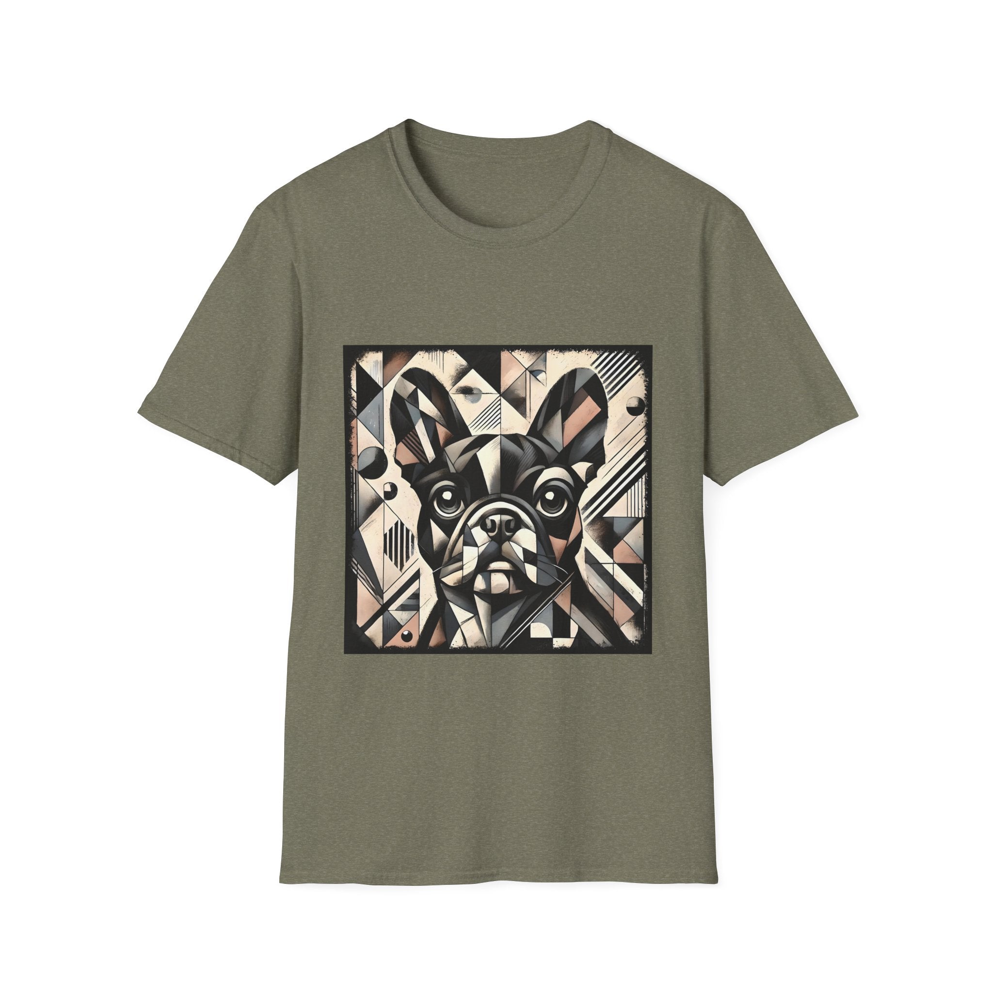 Heather military green dog t-shirt featuring geometric French Bulldog in cubist tones of black, beige, cream, and soft blush.
