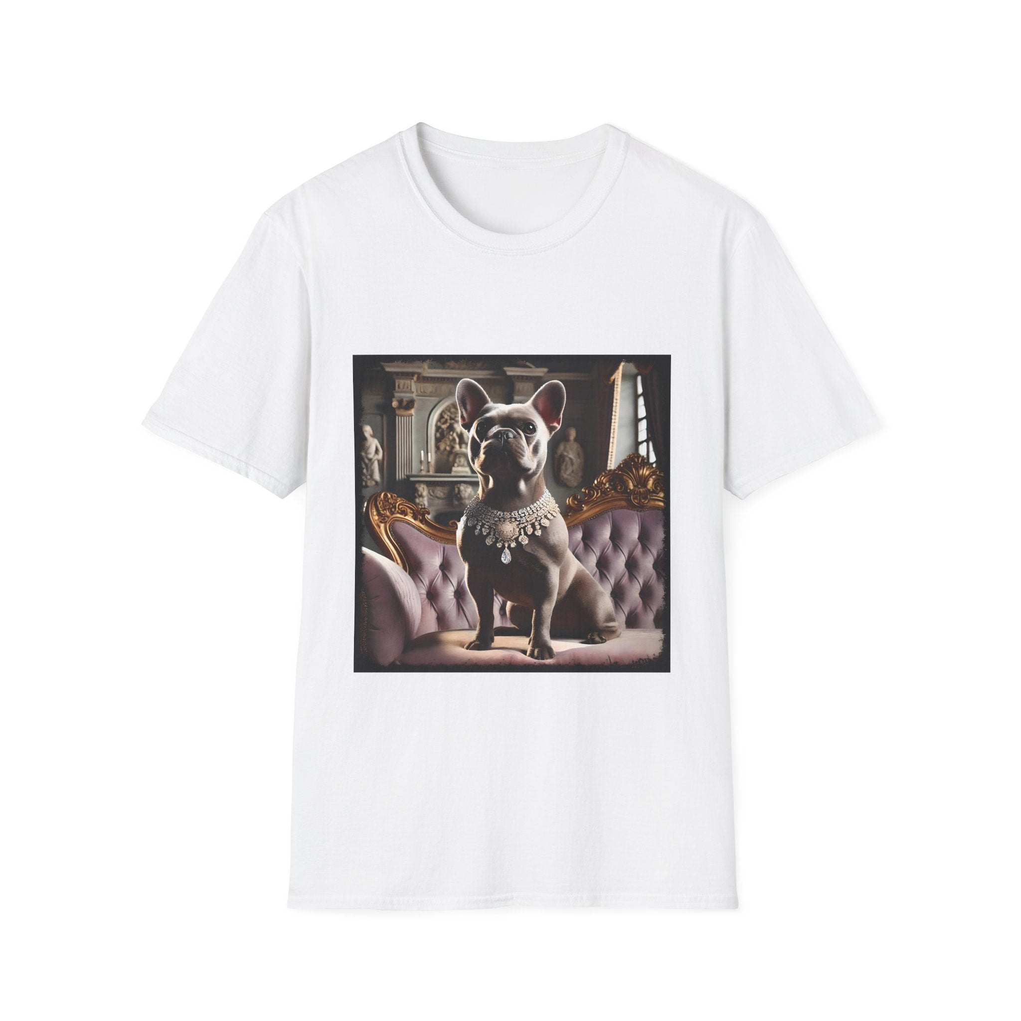 White dog t-shirt featuring gray French Bulldog in jeweled necklace on tufted settee with grand palace-style background.