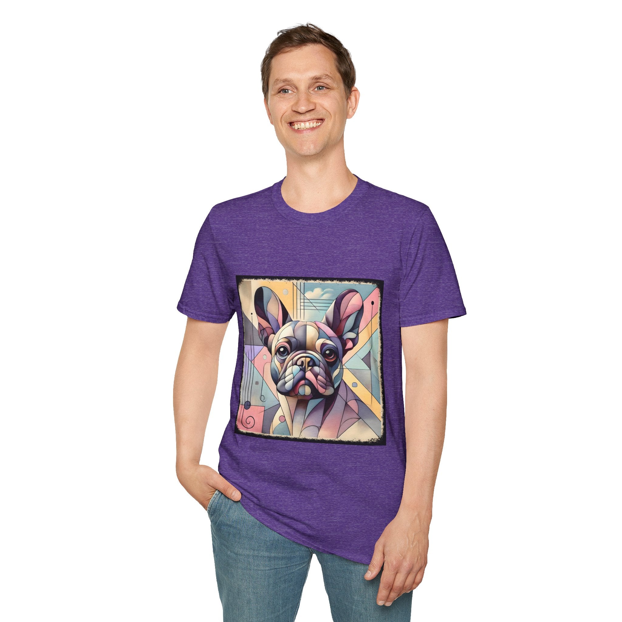 Male model in heather navy shirt with Cubism-style French Bulldog design in soft pastel colors and abstract shapes.