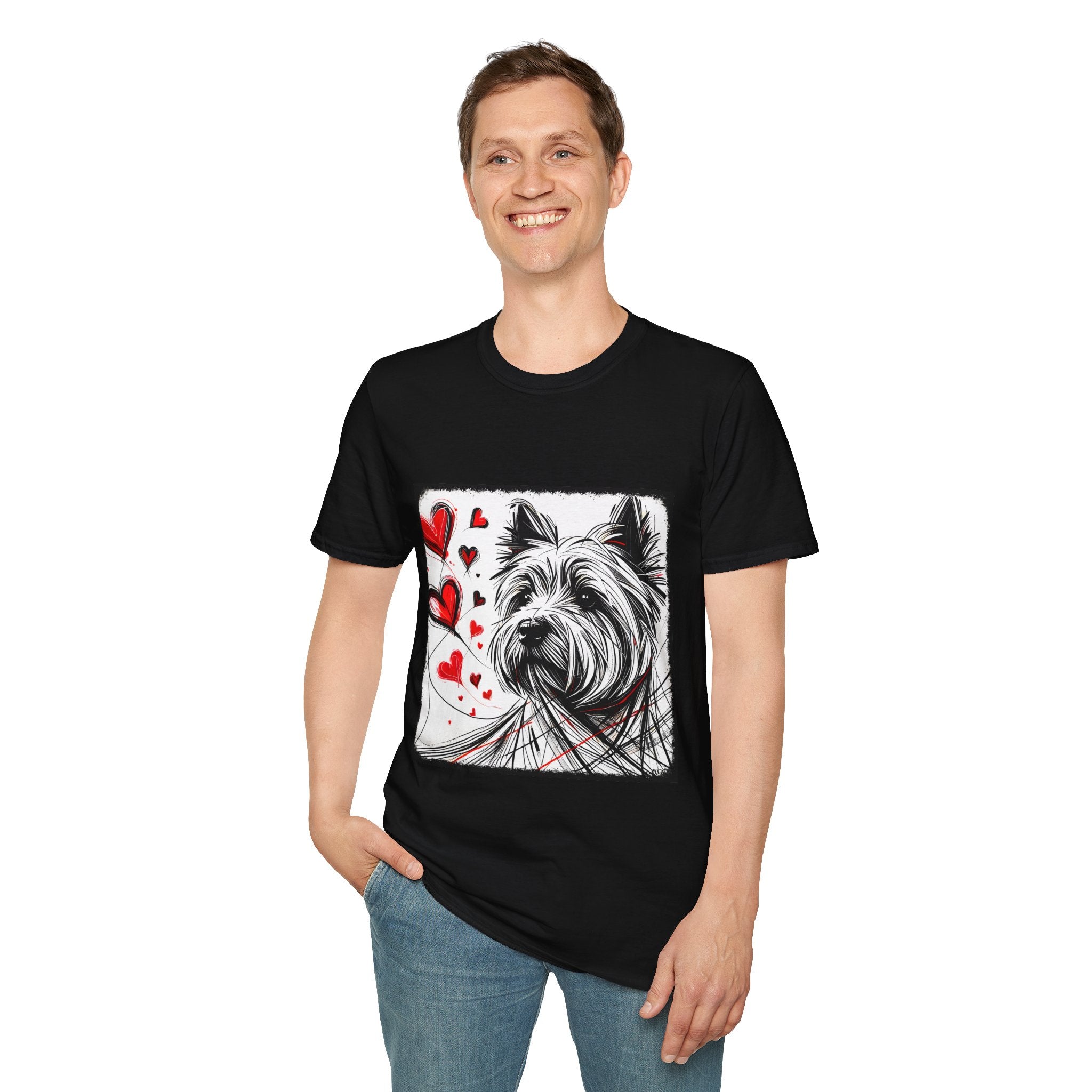 Male model in black dog t-shirt featuring sketch-style Westie with red hearts and abstract black line accents.