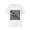 White dog t-shirt with a boxer in teal dress and bow on modern chair with striped wall and pink pillows.
