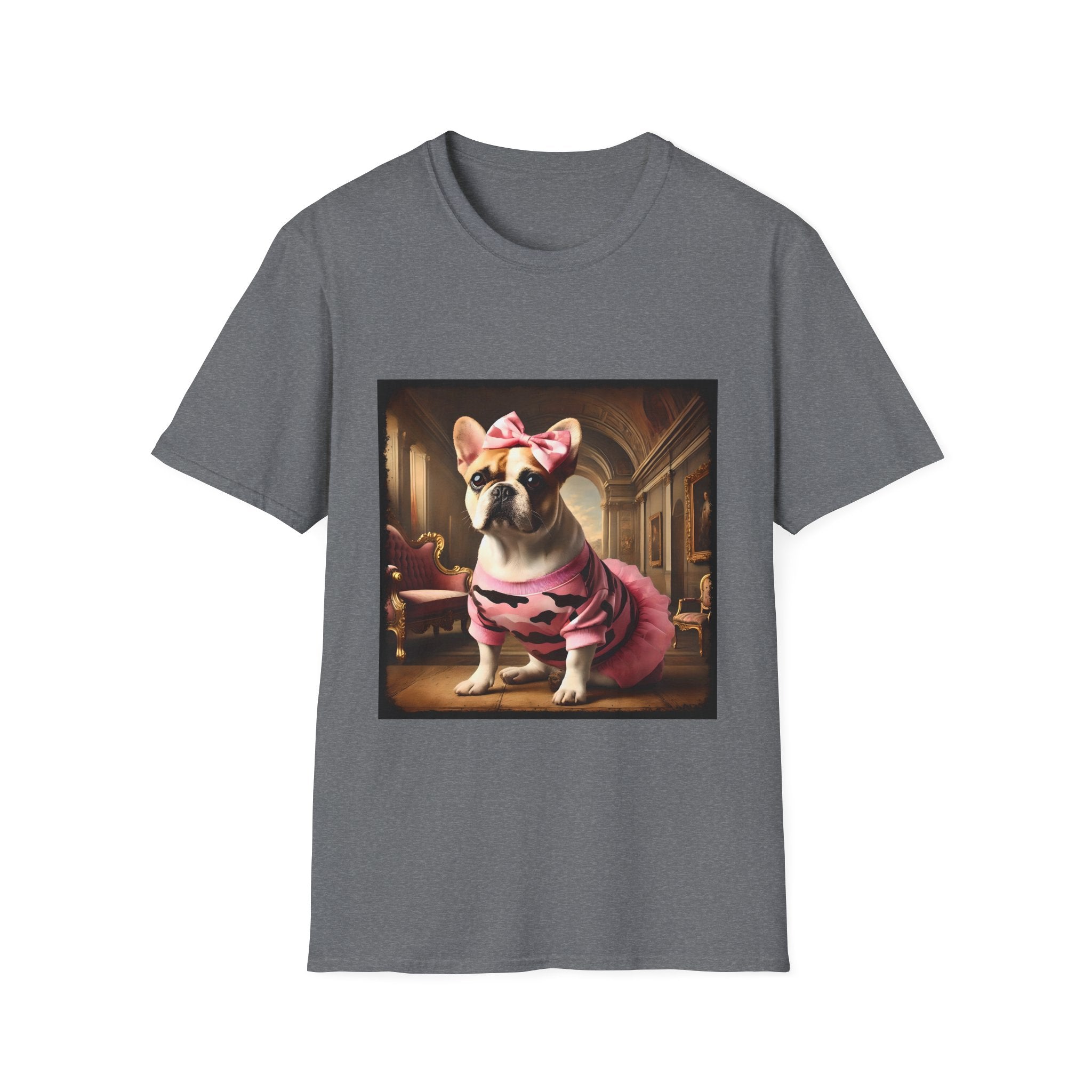 Graphite heather dog t-shirt featuring fawn and white French Bulldog in pink camouflage dress and bow in ornate hallway scene.