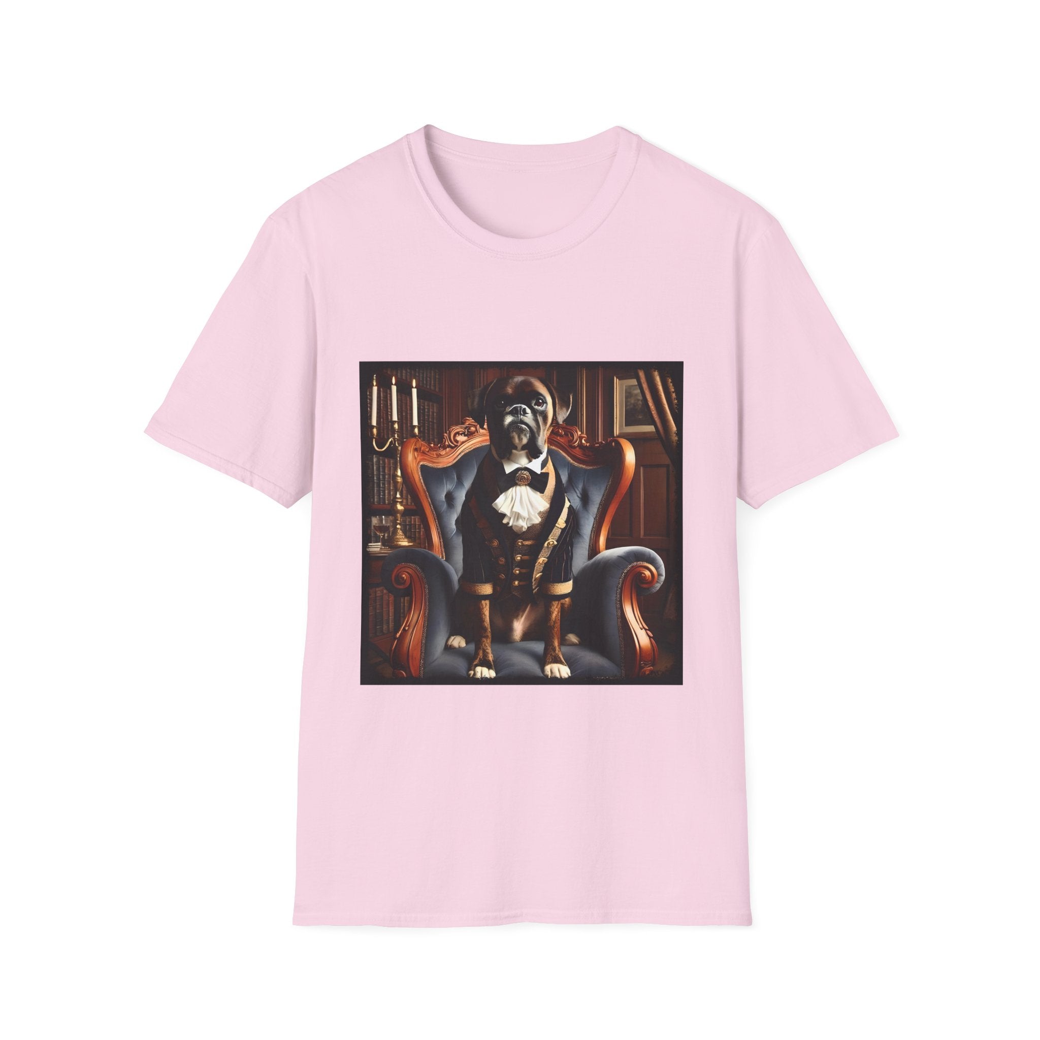 Light pink dog t-shirt featuring boxer in brown period suit with cravat seated in ornate blue armchair.