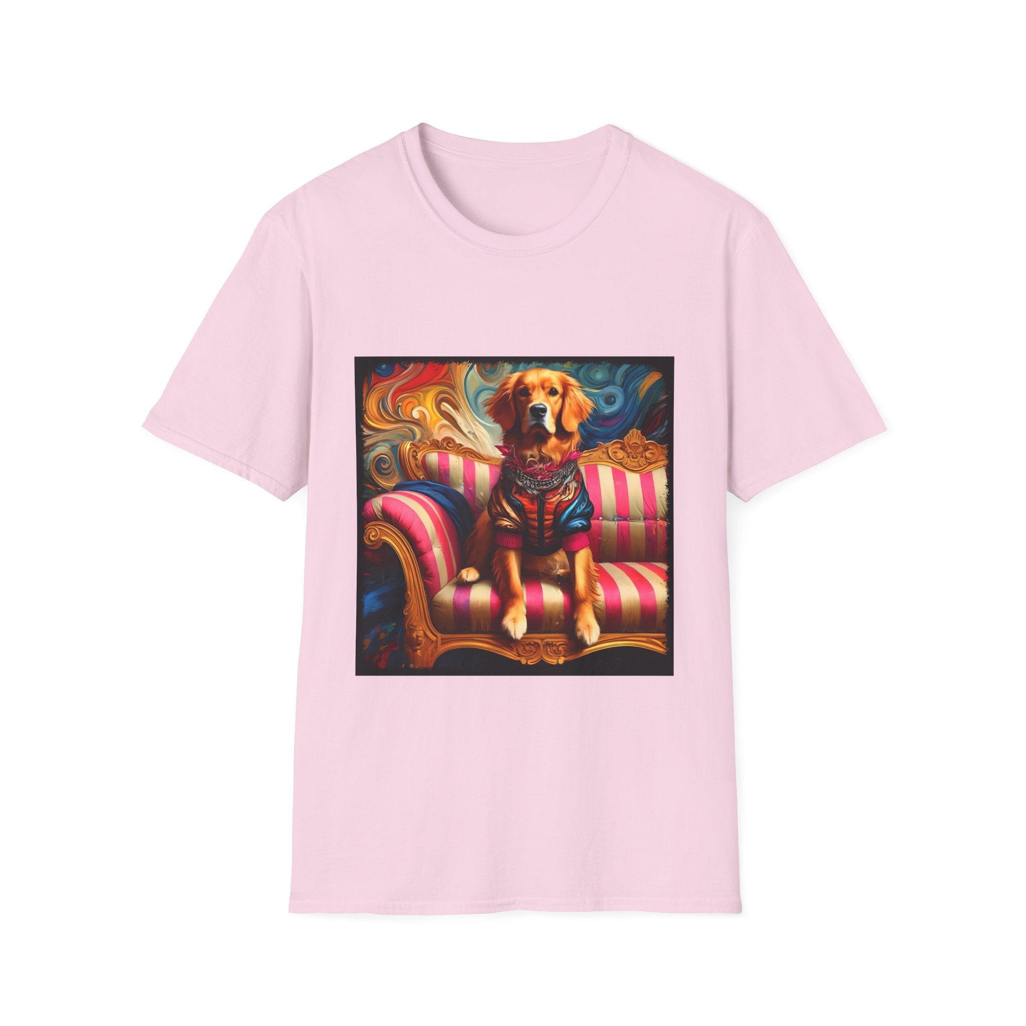 Light pink dog t-shirt with golden retriever in regal jacket on pink striped settee, swirled backdrop.