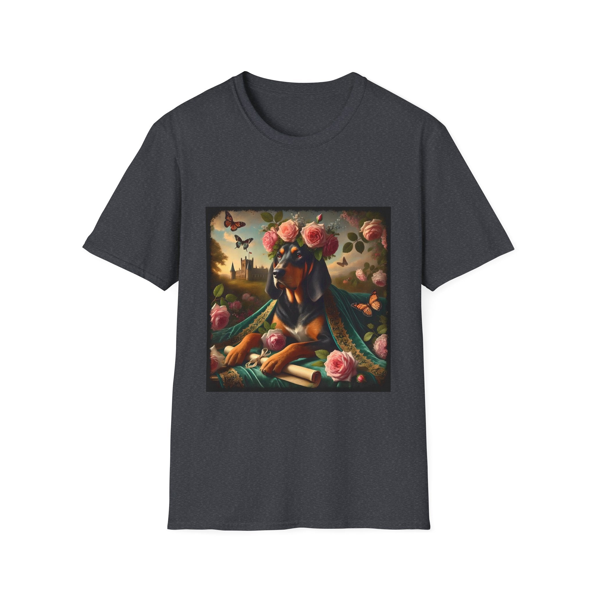 Dark heather gray dog t-shirt featuring coonhound in rose garden wearing green embroidered cape and crown of pink flowers.