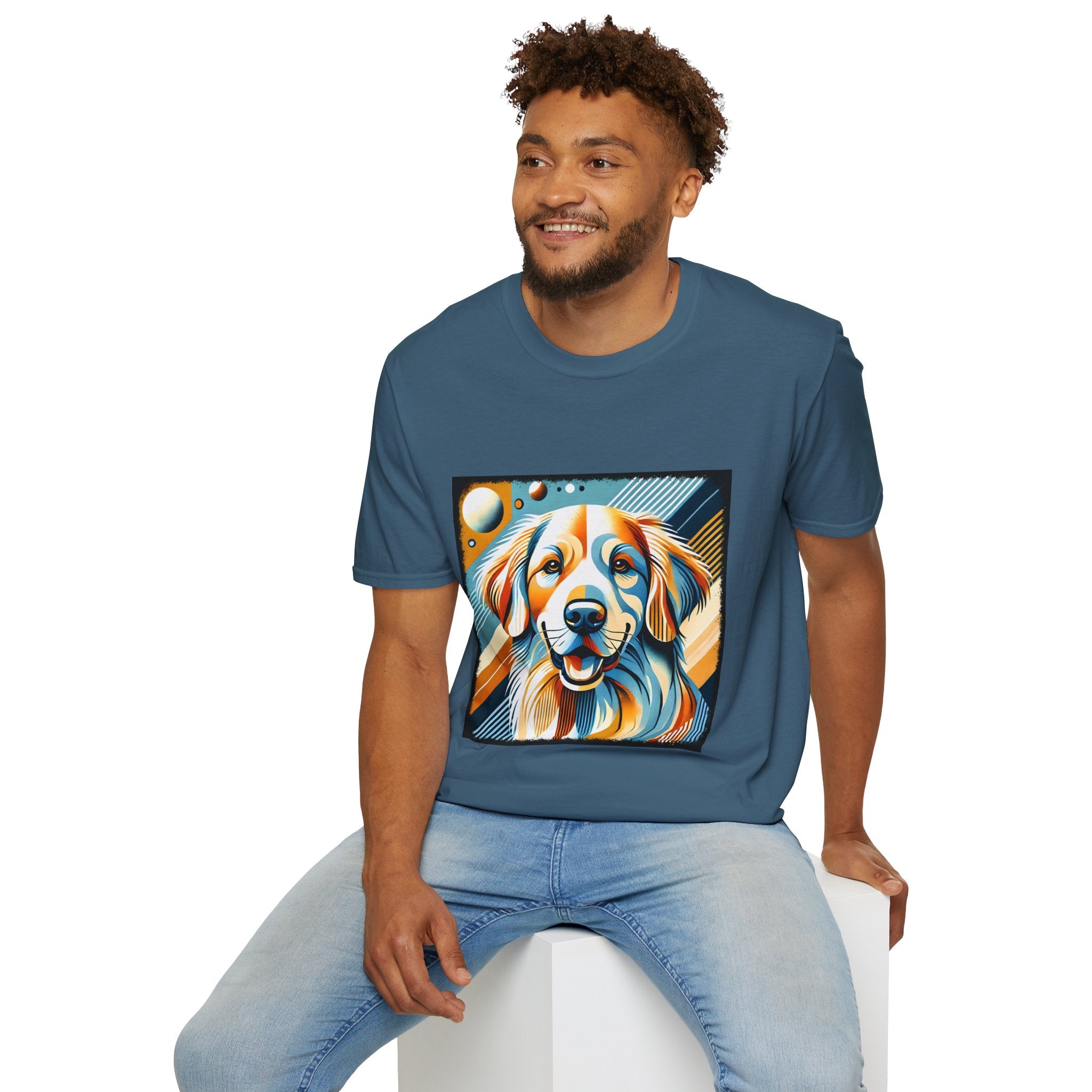 Male model in heather indigo dog t-shirt featuring smiling golden retriever in abstract pop style with blue, orange, and cream tones.