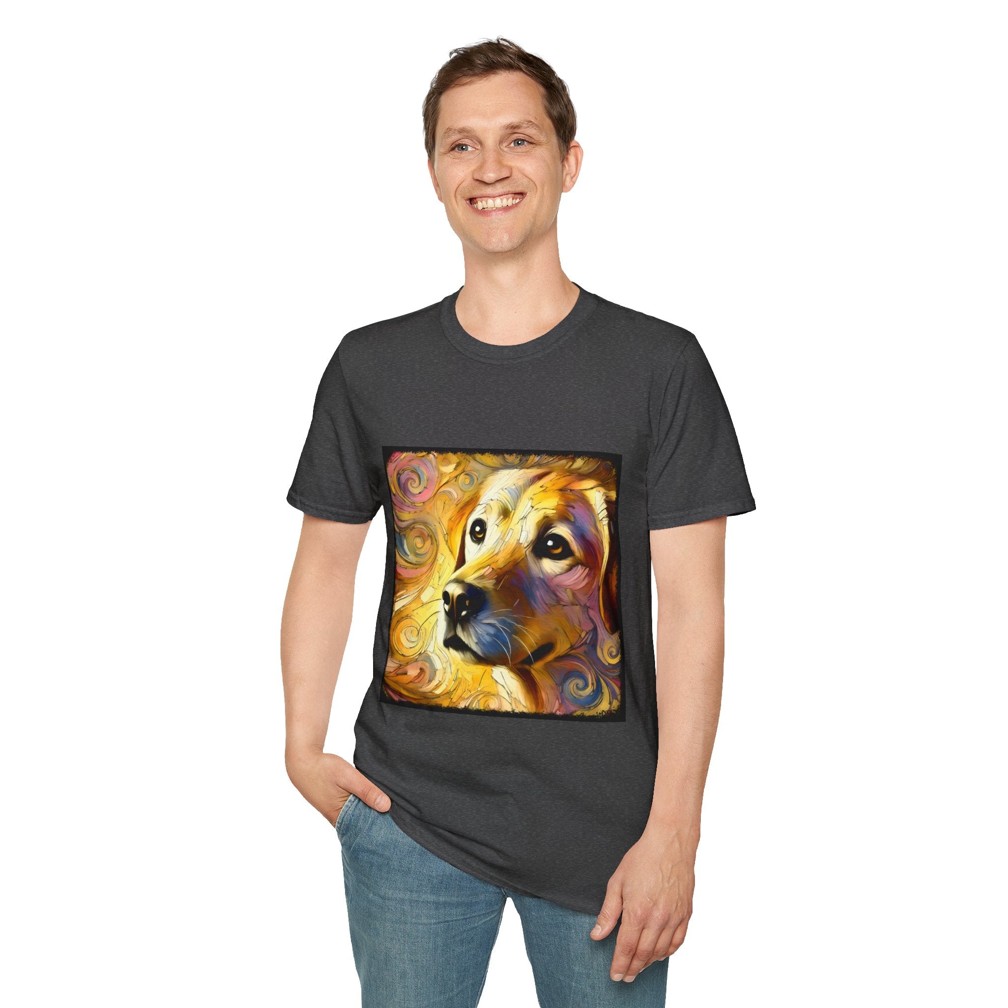 Male model wears dark heather dog t-shirt featuring a golden retriever with swirling brushstroke-style yellow-orange background.