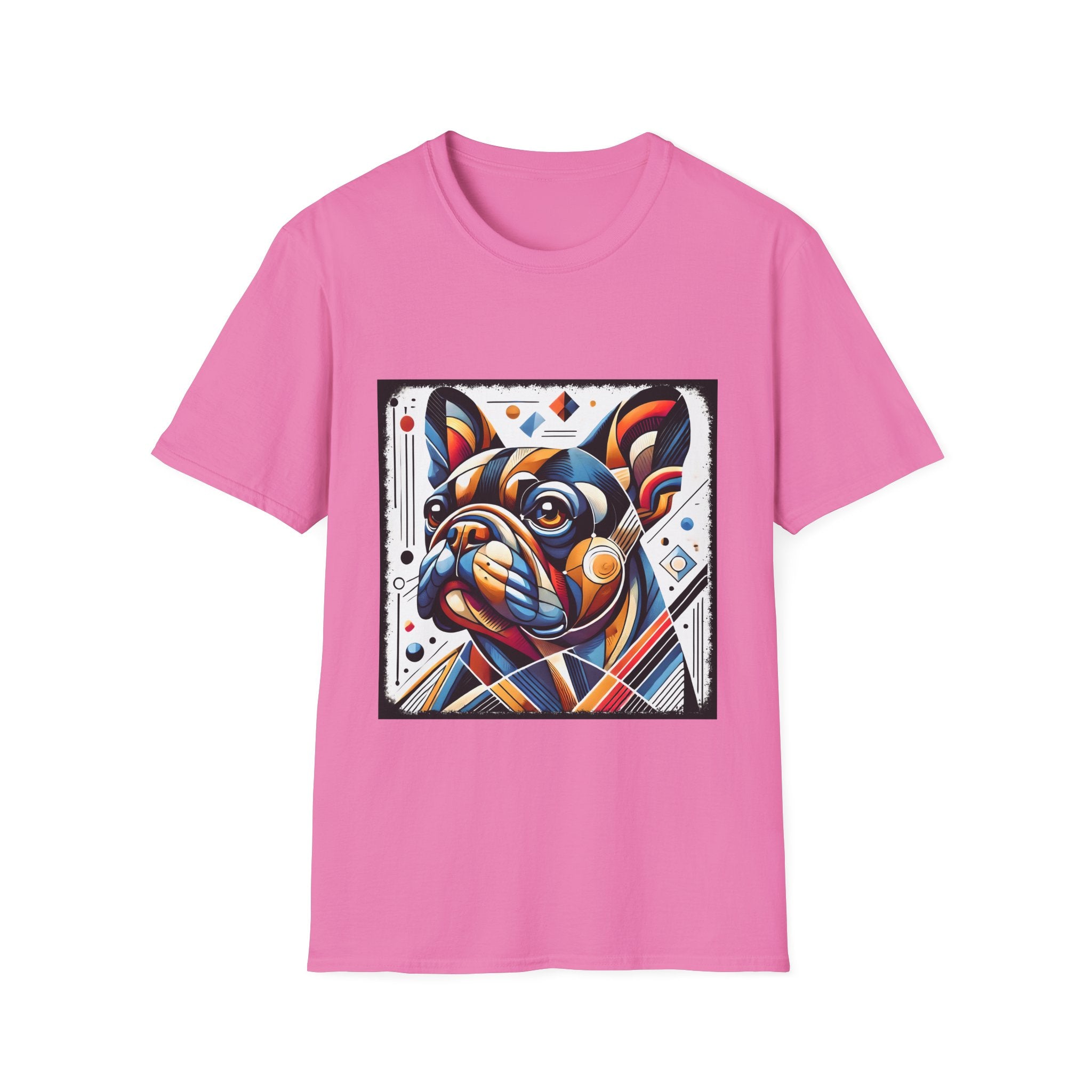 Pink dog t-shirt featuring geometric-style French Bulldog in vivid orange, blue, and red against a white abstract background.