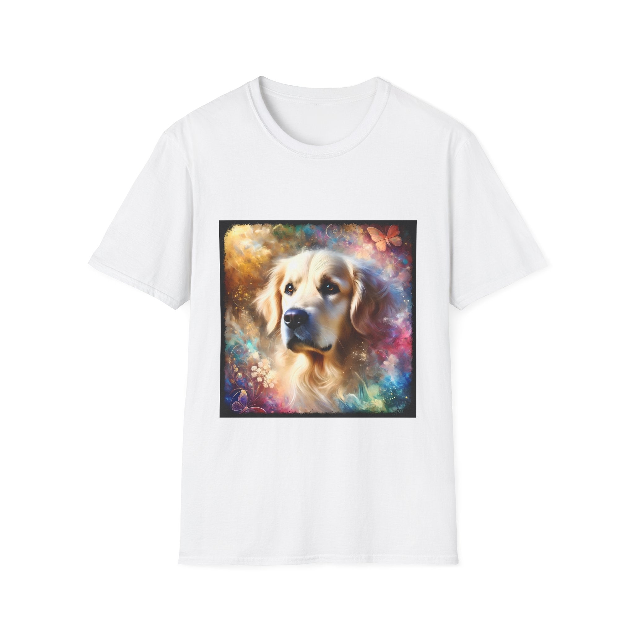White dog t-shirt with golden retriever portrait, soft fur, butterflies, and dreamy pastel colors.