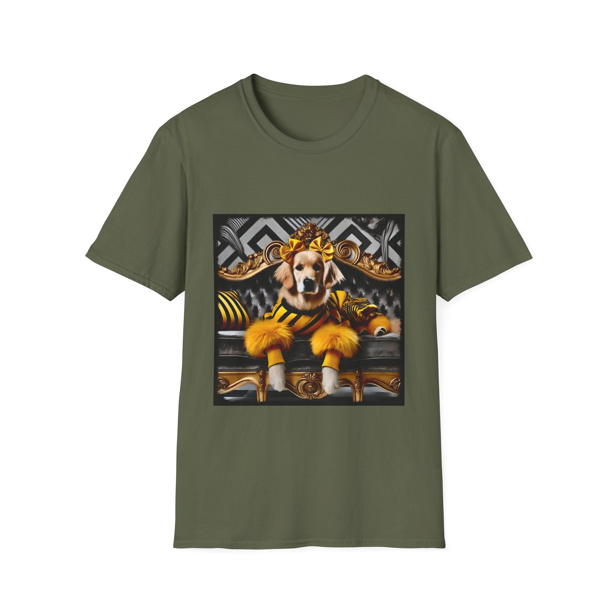 Military green dog t-shirt with golden retriever in yellow-black outfit on gold settee, black and white art deco backdrop.