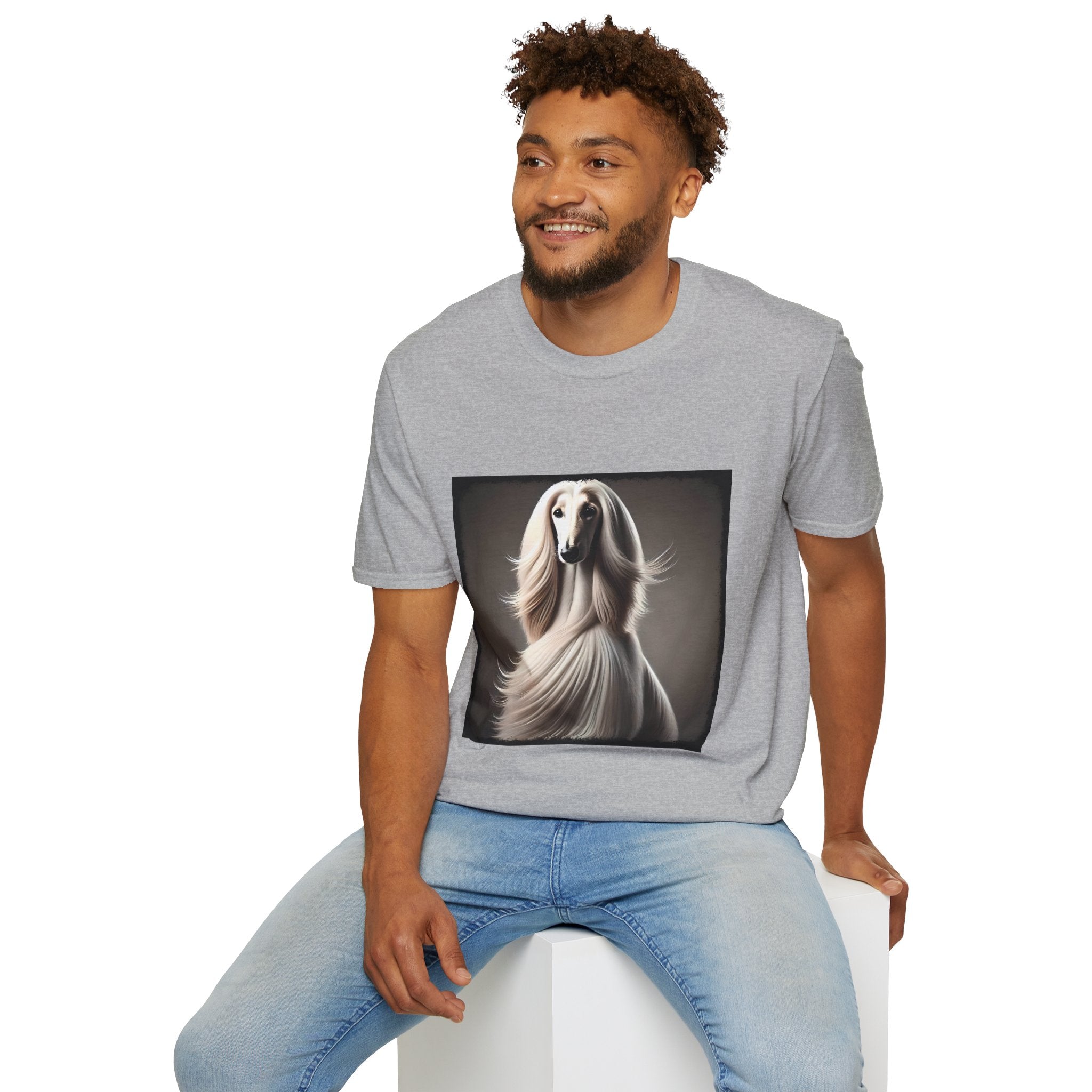Front view of man wearing light grey dog t-shirt featuring a White Afghan Hound with flowing hair, set against a soft background