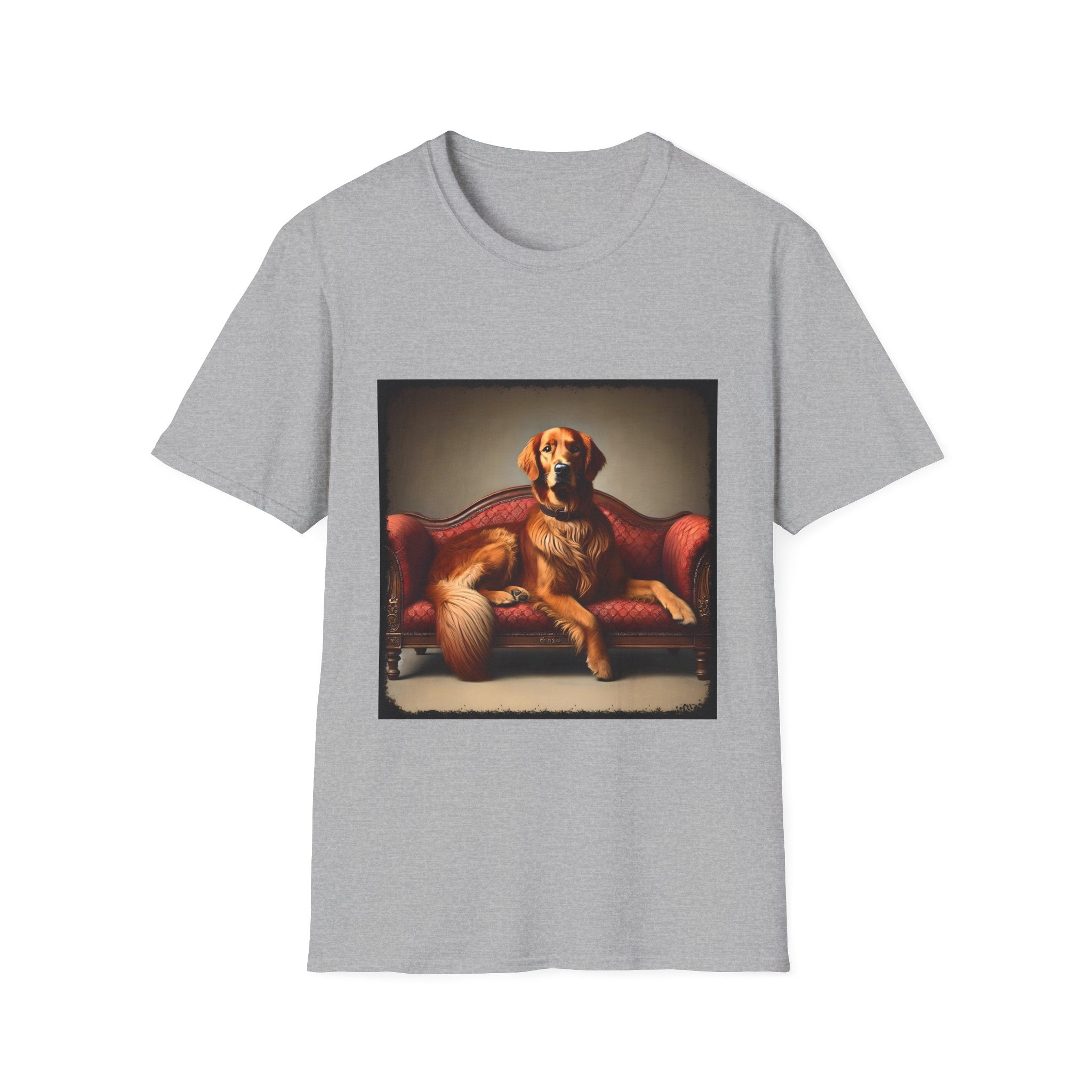Sport Gray dog t-shirt with golden retriever lounging on vintage red settee with regal posture.