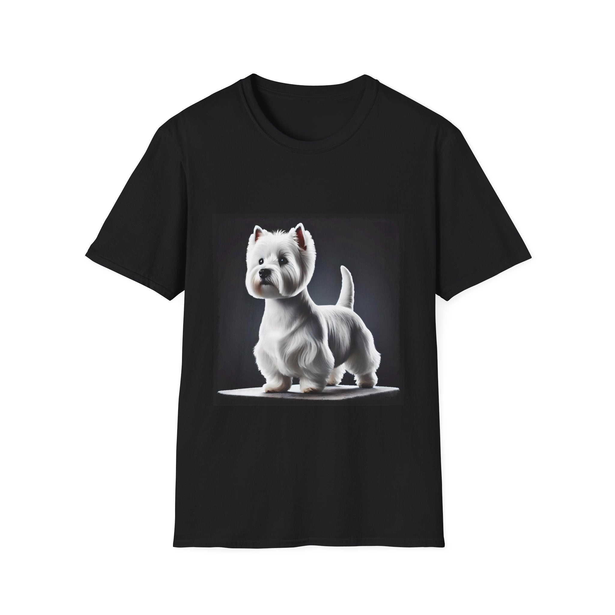Black dog t-shirt featuring a Westie standing proud on a platform against a dramatic dark backdrop.