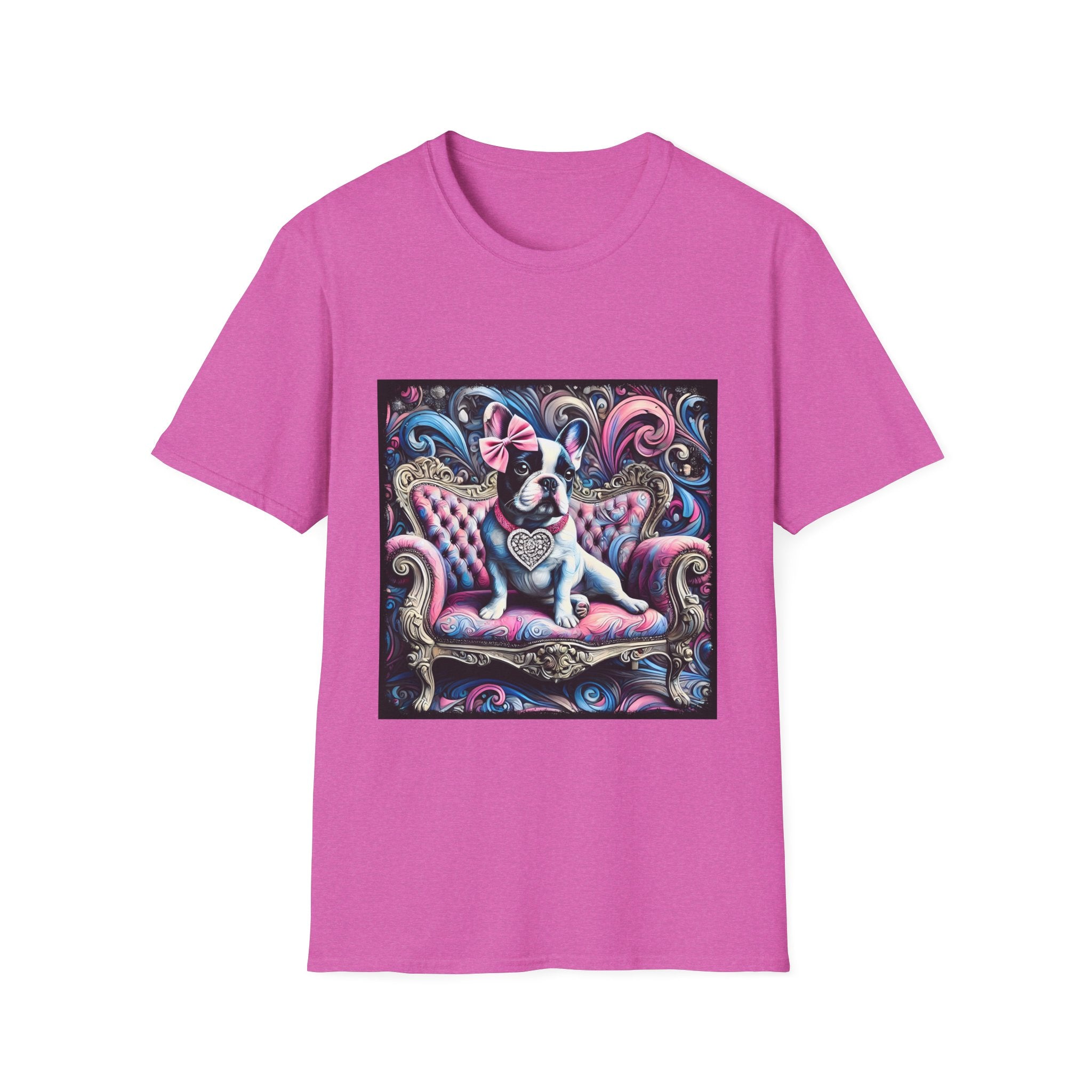 Orchid pink dog t-shirt featuring a black and white French Bulldog with a pink bow, seated on a tufted pink and gold settee against a swirling blue, pink, and purple expressionist-style background.