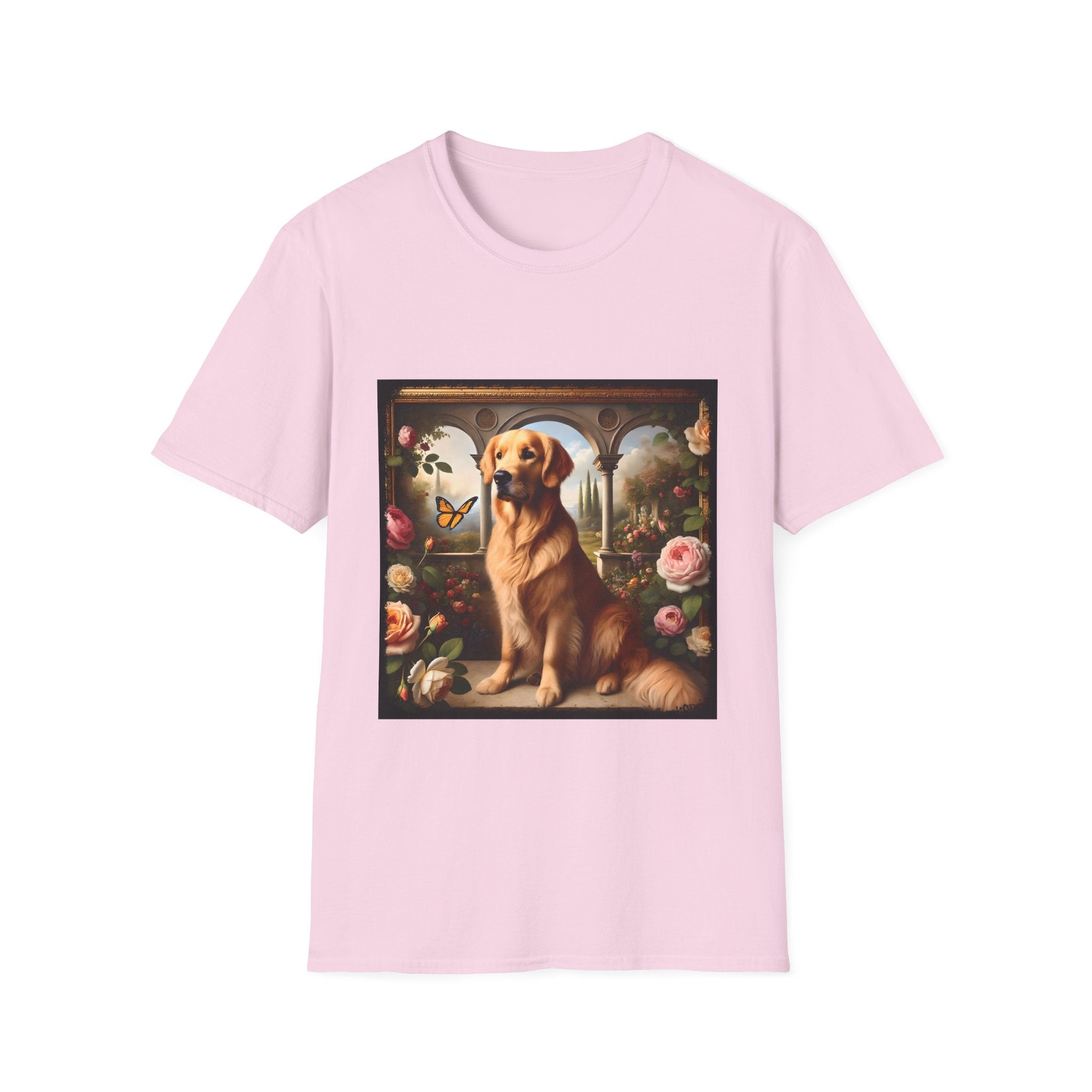 Light pink dog t-shirt featuring golden retriever in garden scene with roses, archway, and butterfly.