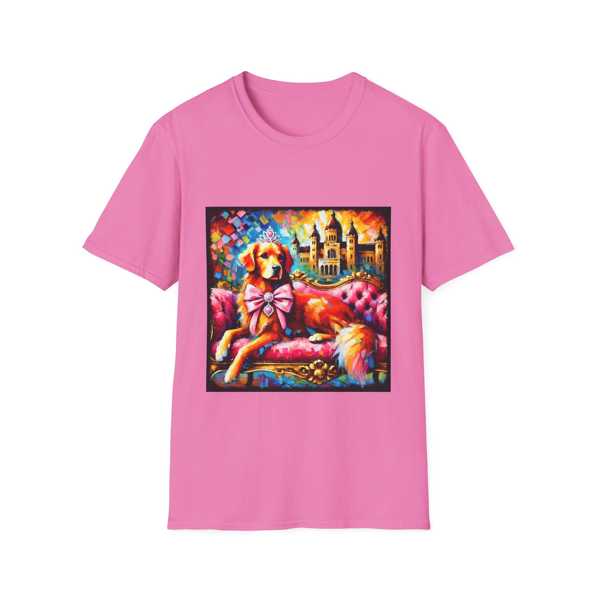 Pink dog t-shirt featuring golden retriever princess on pink settee with tiara and castle backdrop.