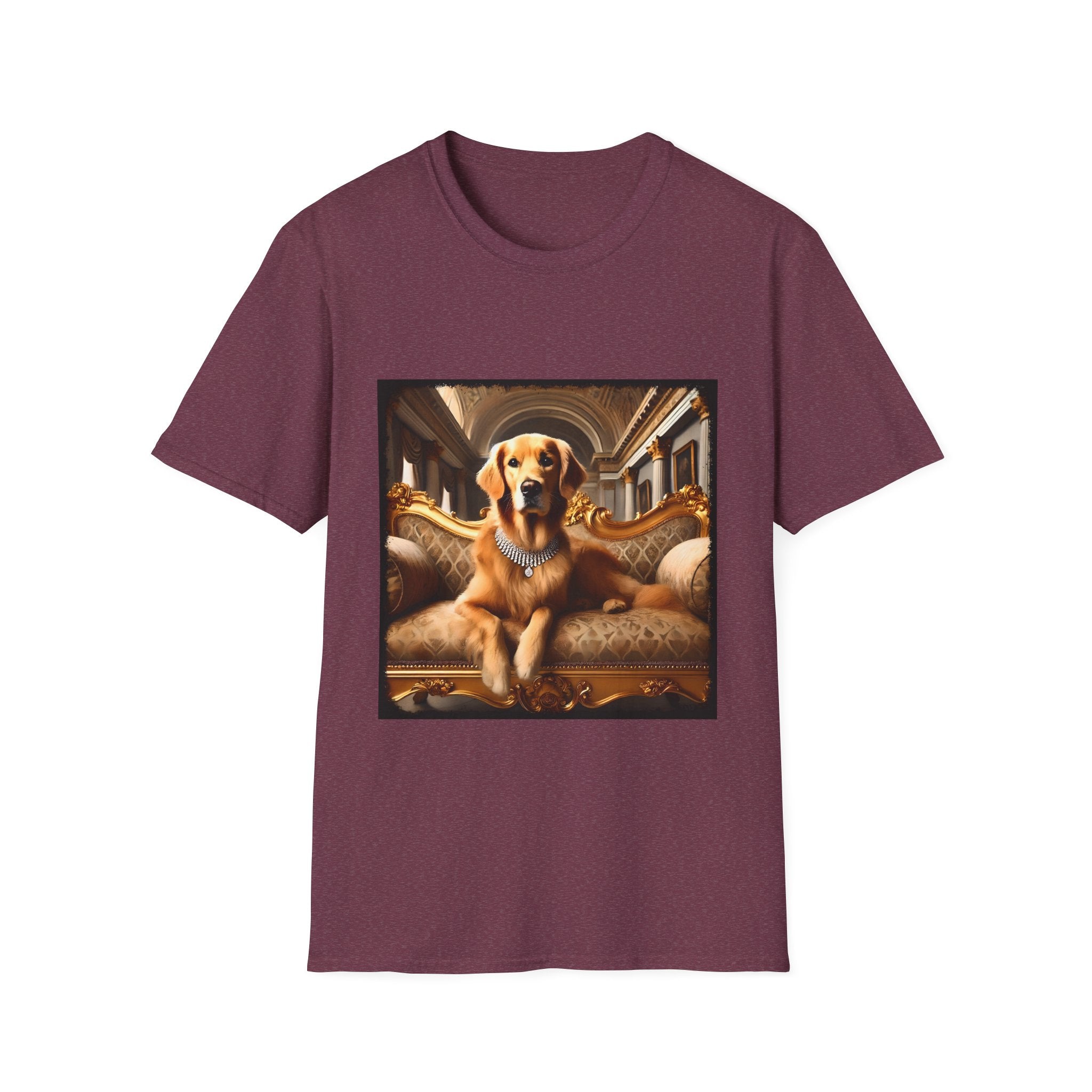 Heather maroon dog t-shirt featuring regal golden retriever in diamond collar lounging on ornate gold baroque settee.