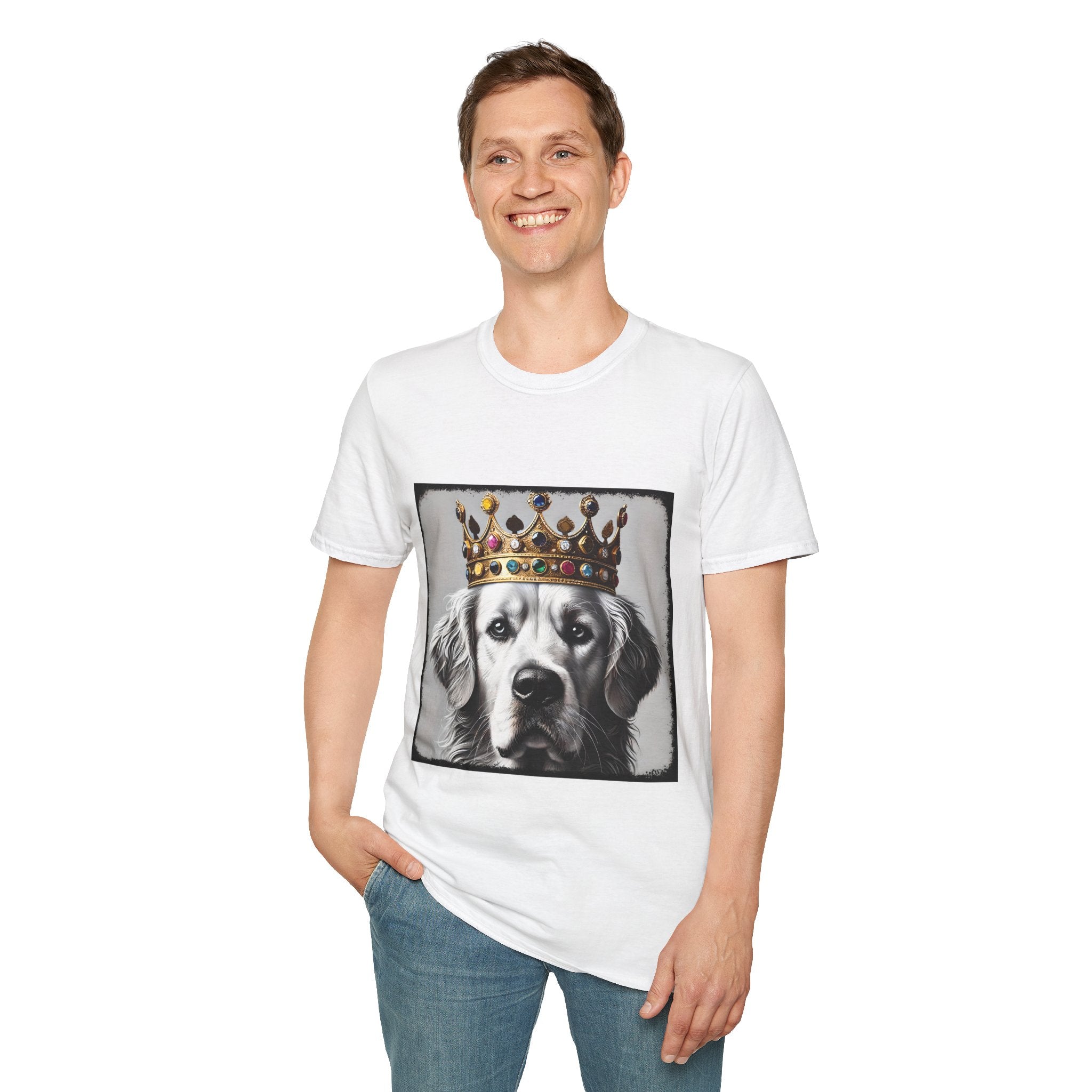 Male model in white dog t-shirt featuring a black-and-white golden retriever in jeweled crown on gray backdrop.