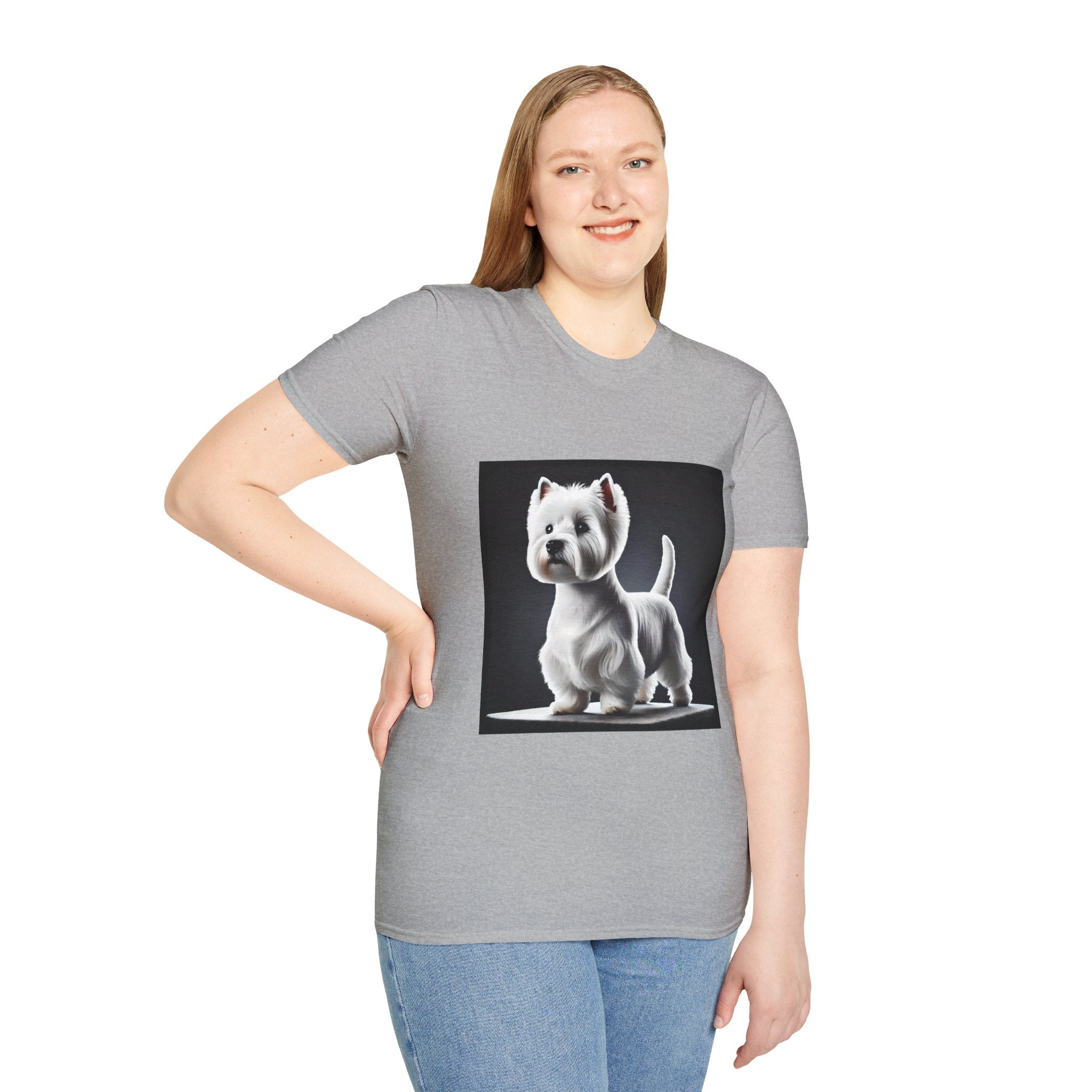 Female model in sport gray dog t-shirt featuring a Westie standing proud on a platform against a dramatic dark backdrop.