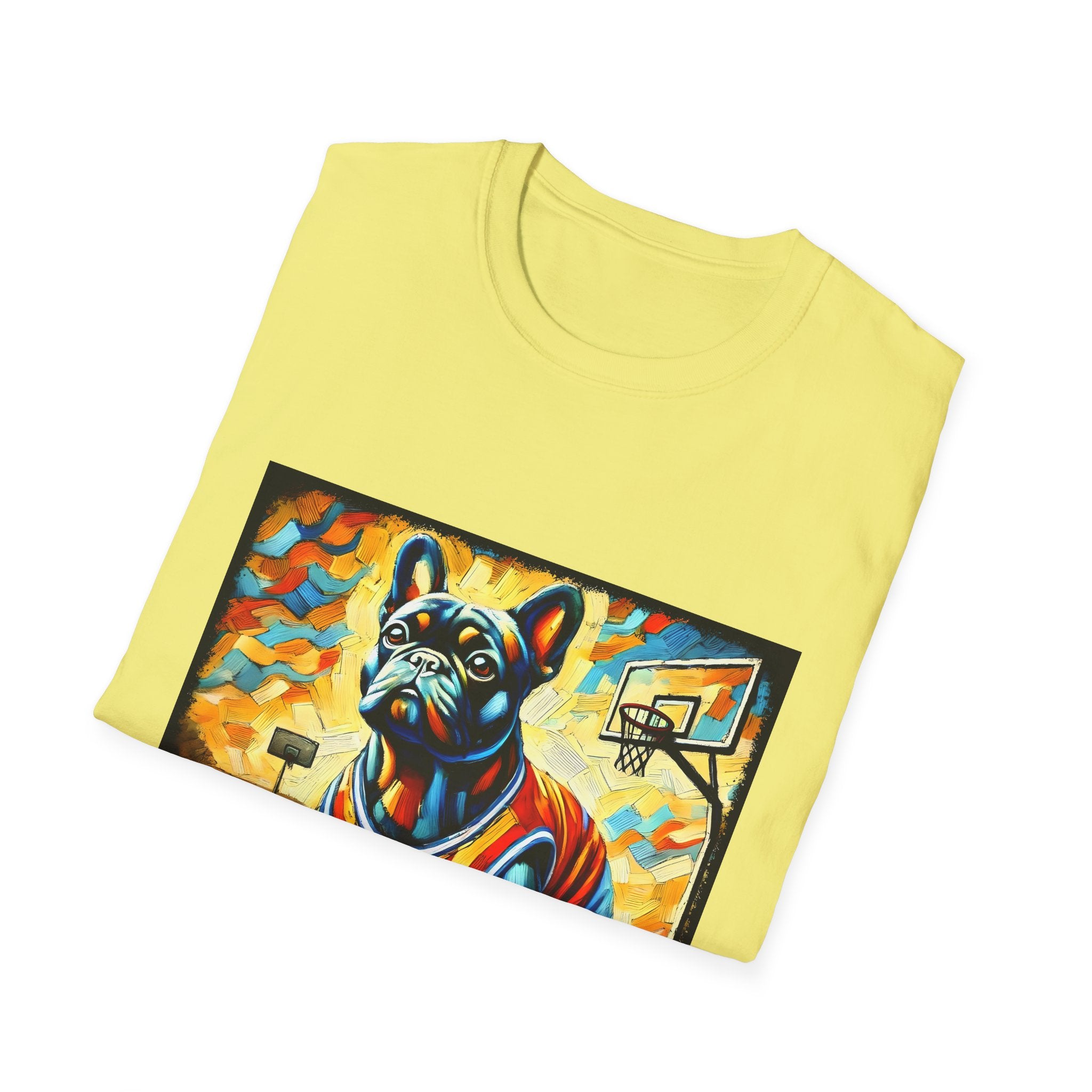 Front view of folded yellow dog t-shirt featuring French Bulldog in red jersey on basketball court, expressionism style.